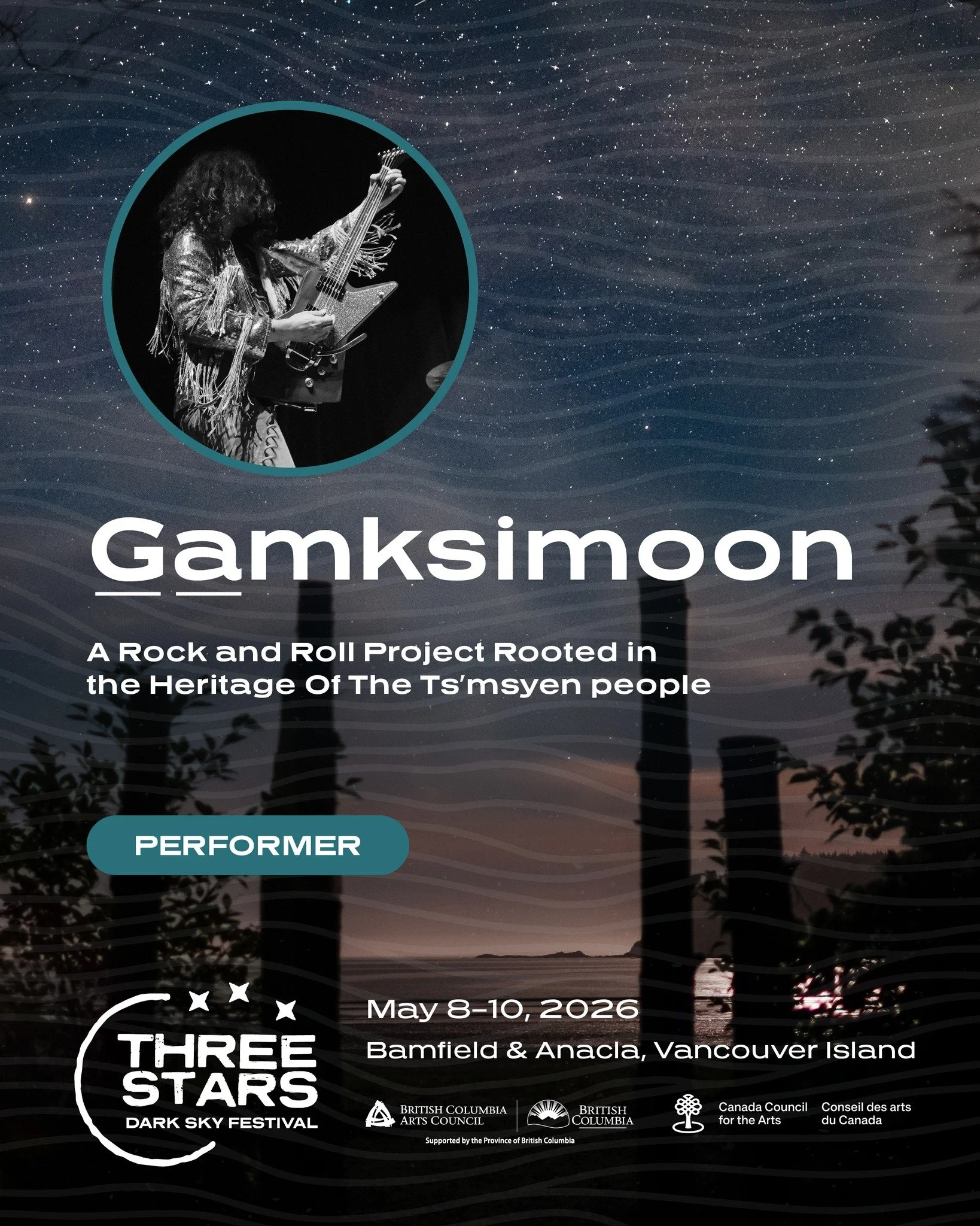 Turn it up. The night is about to shift.

G̱a̱mksimoon hits the stage at the Three Stars Dark Sky Festival with a high-voltage fusion of fuzz rock, Sm&rsquo;algya̱x language, and pre-colonial Ts&rsquo;msyen melodies.

Led by Gitga&rsquo;at artist Wil