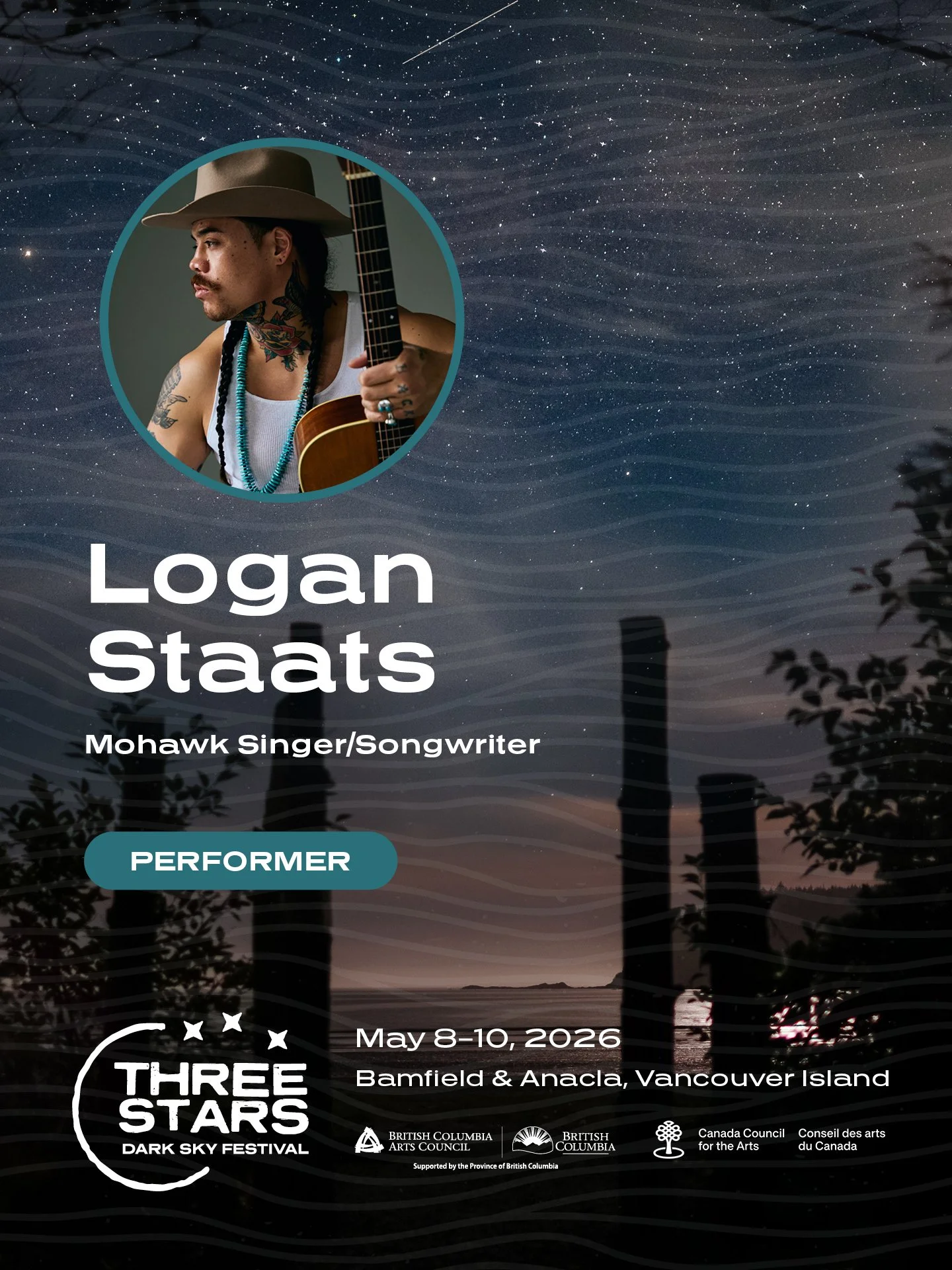 This is where the stories hit different.

Logan Staats takes the stage at the Three Stars Dark Sky Festival with raw, electrifying songwriting and a voice built for goosebumps.

A JUNO Award-nominated Mohawk artist from Six Nations of the Grand River