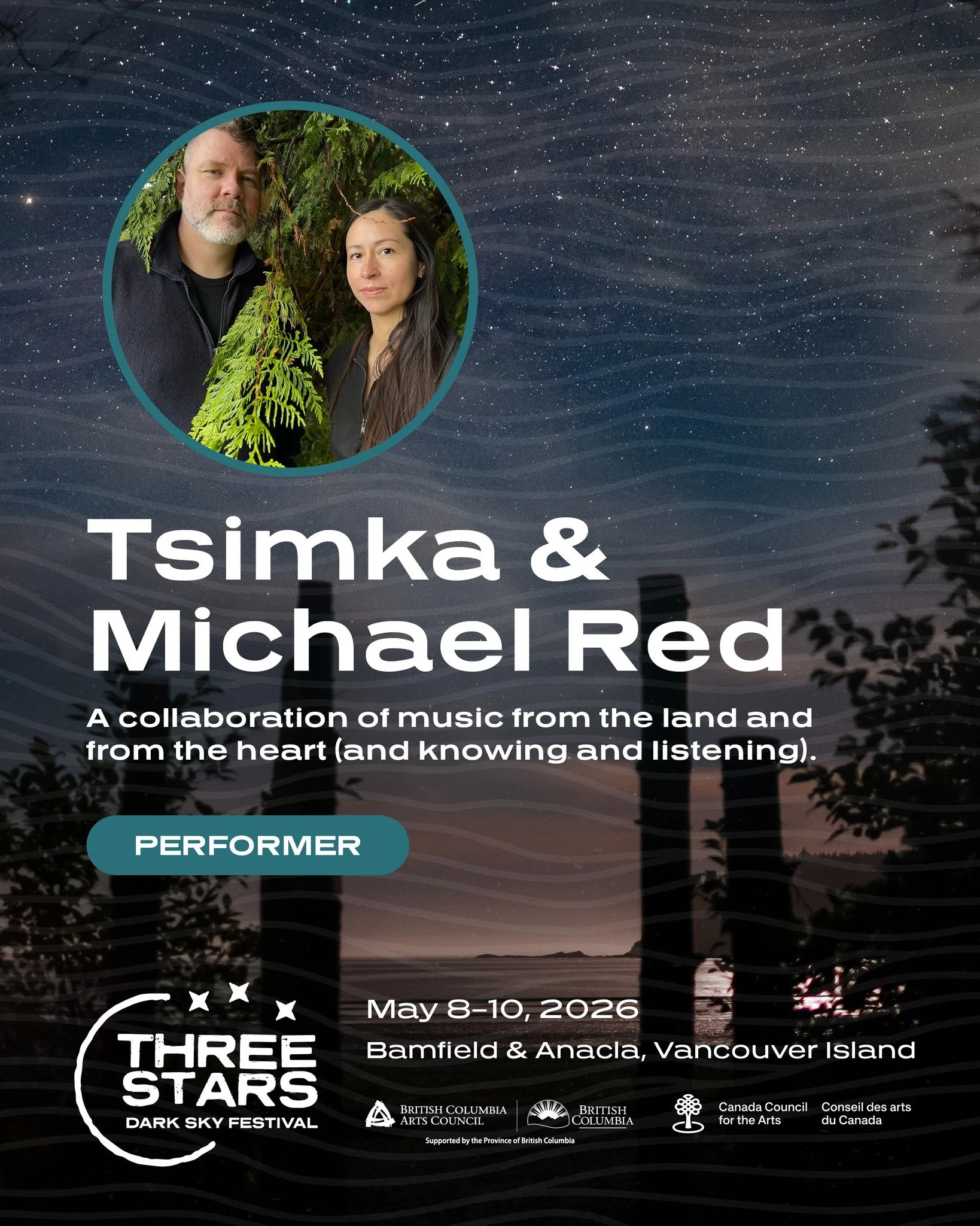 Sound from the land. Language carried through rhythm.

Tsimka &amp; Michael Red bring an immersive live performance to the Three Stars Dark Sky Festival, weaving ƛaʔuukʷiʔatḥ language, voice, drum, and field recordings from Nuučaan̓uł territory into 
