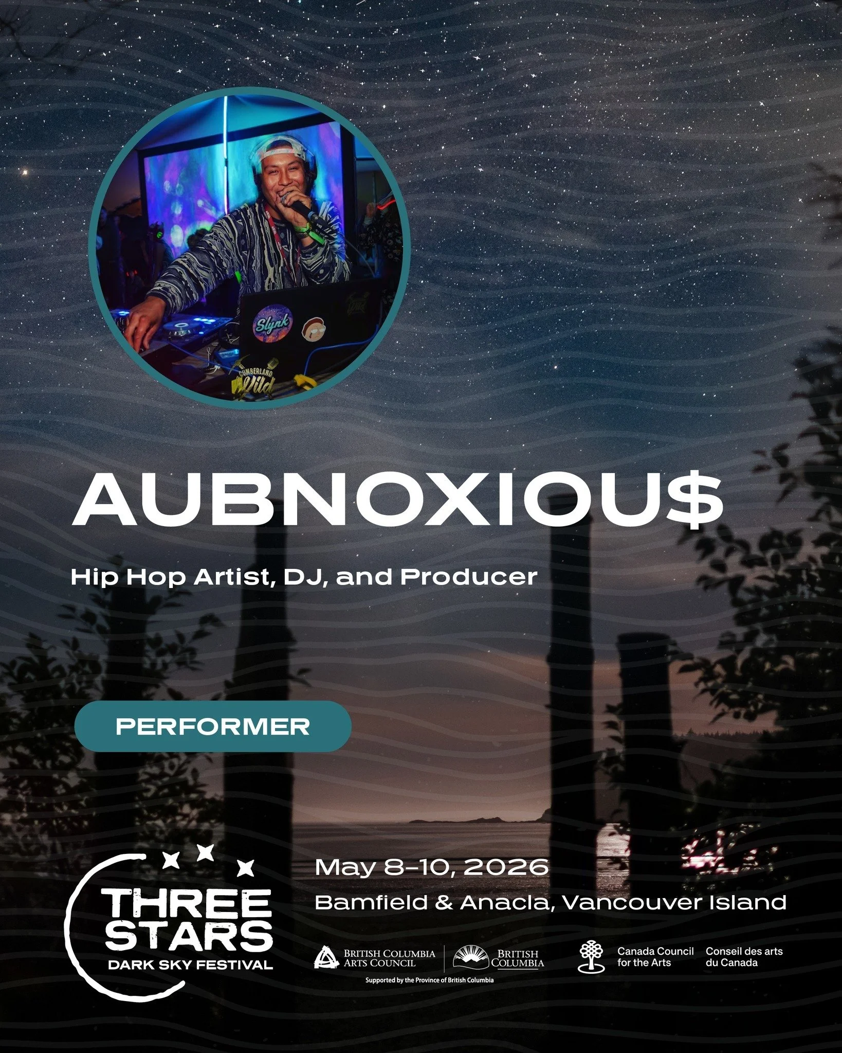 Turn it up. This is where the energy hits.

AUBNOXIOU$ brings high-impact hip hop to the Three Stars Dark Sky Festival, delivering sharp lyricism, bold presence, and a sound that moves the crowd.

Rooted in culture, identity, and unapologetic express