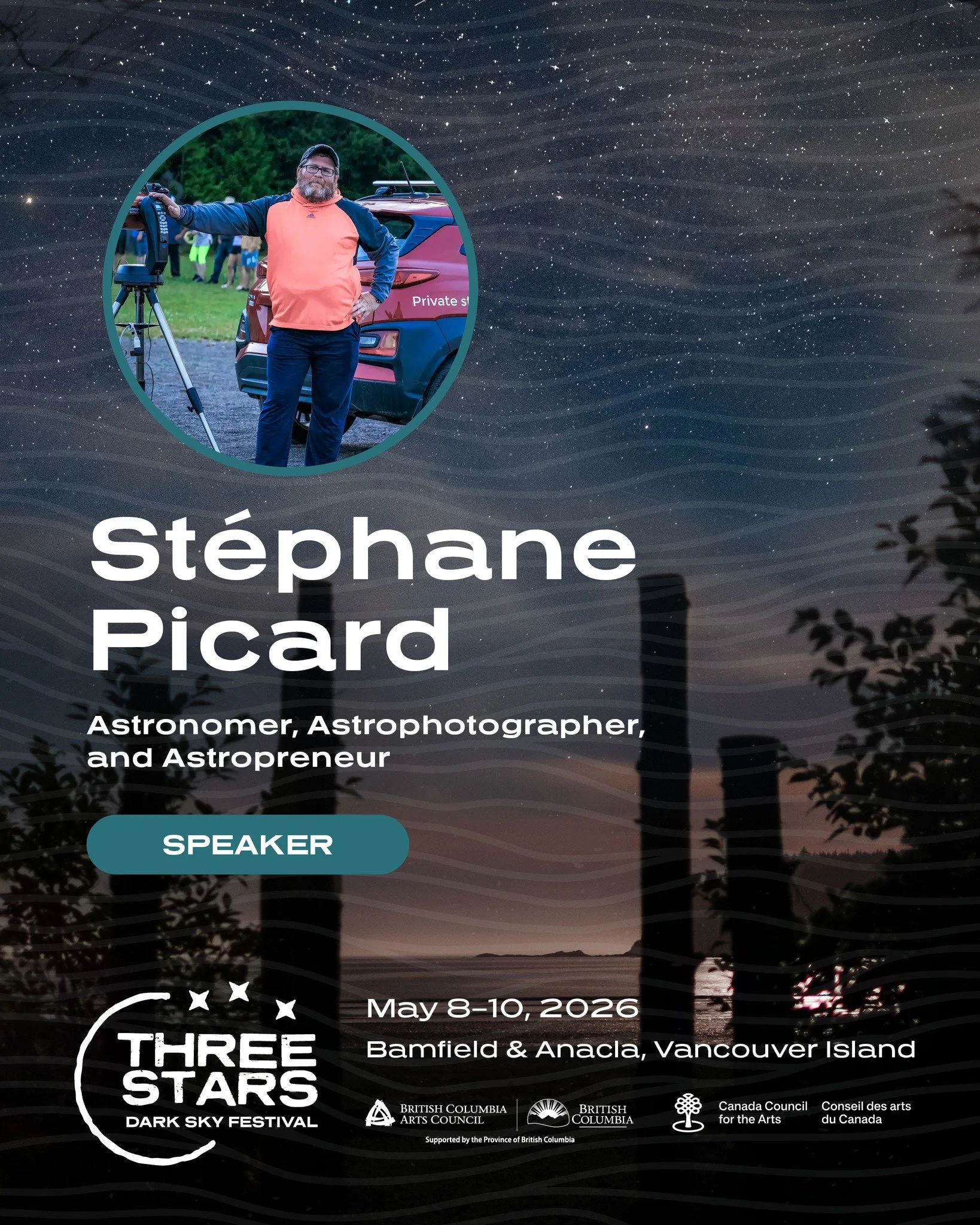 Where dark skies meet real-world impact.

St&eacute;phane Picard brings decades of experience in astronomy and astrotourism to the Three Stars Dark Sky Festival, helping shape how communities connect with and benefit from the night sky.

Founder of C