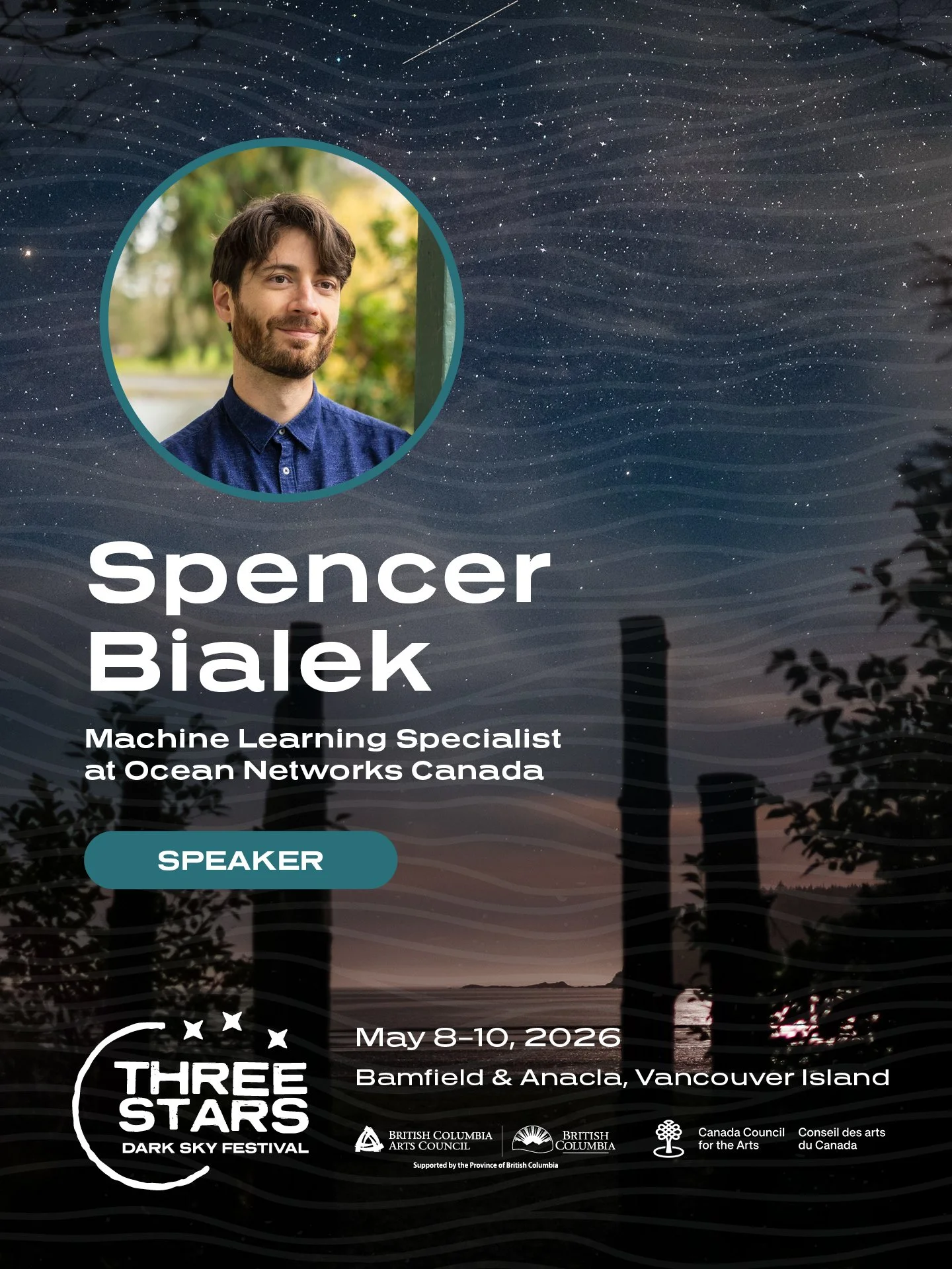 The sky doesn&rsquo;t just sit above us.
It moves the ocean.

Spencer Bialek brings a powerful perspective to the Three Stars Dark Sky Festival, connecting astronomy, ocean science, and the unseen forces shaping our world.

A PhD-trained astrophysici