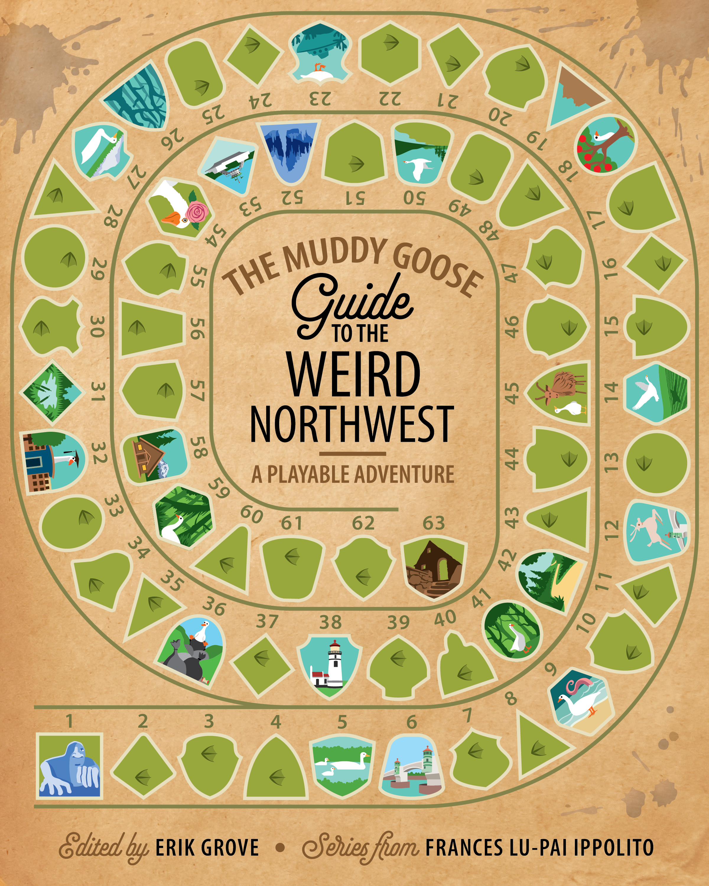 A book cover / game board with camping-patch-style game pieces featuring different elements of the Pacific Northwest