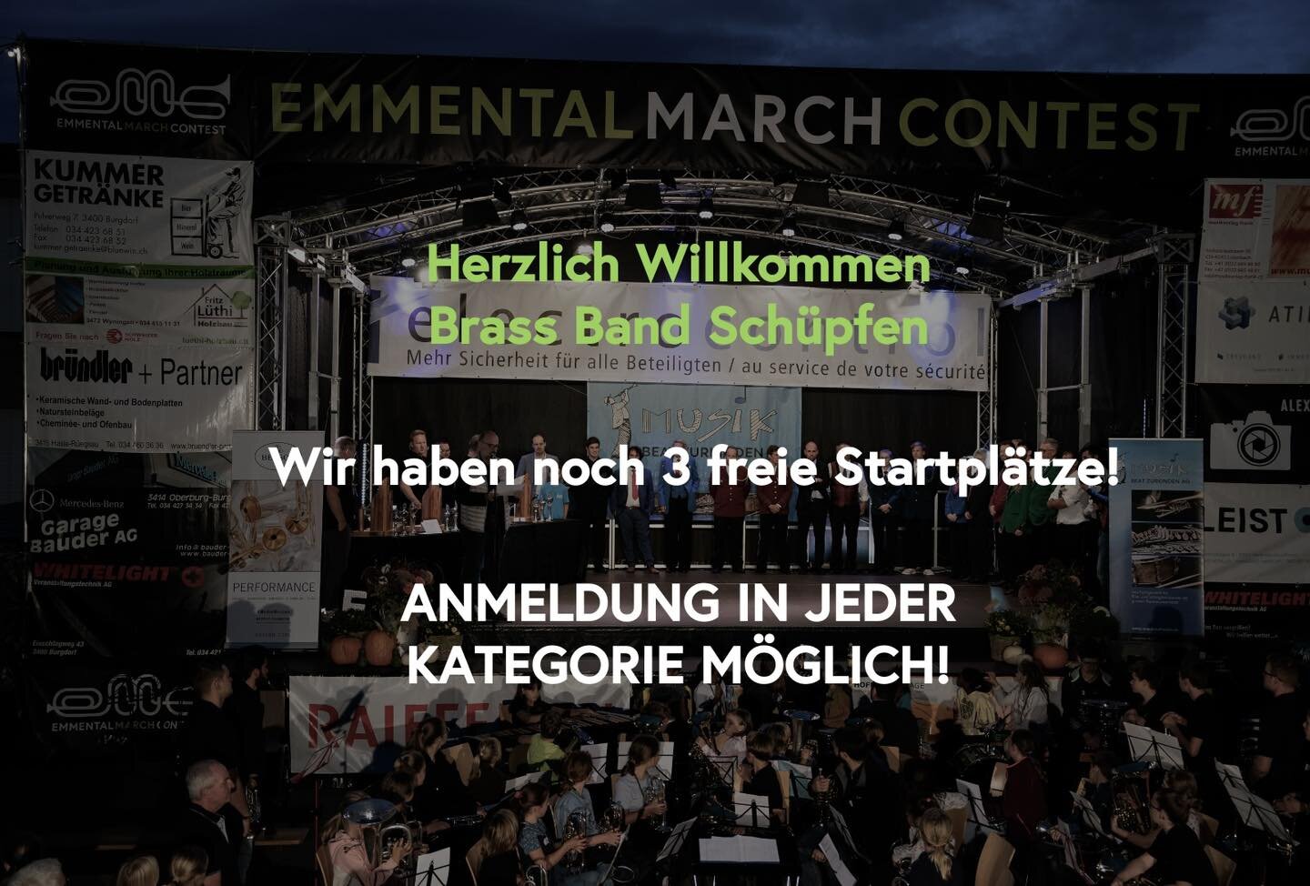 Die @brassband_schuepfen hat sich f&uuml;r den EMC - Emmental March Contest 2023 angemeldet!🤩

Herzlich Willkommen im Teilnehmerfeld!💚

Die BB Sch&uuml;pfen startet in der Kategorie Brass Band B

Wir freuen uns!🎺

Es hat noch 3 freie Startpl&auml;