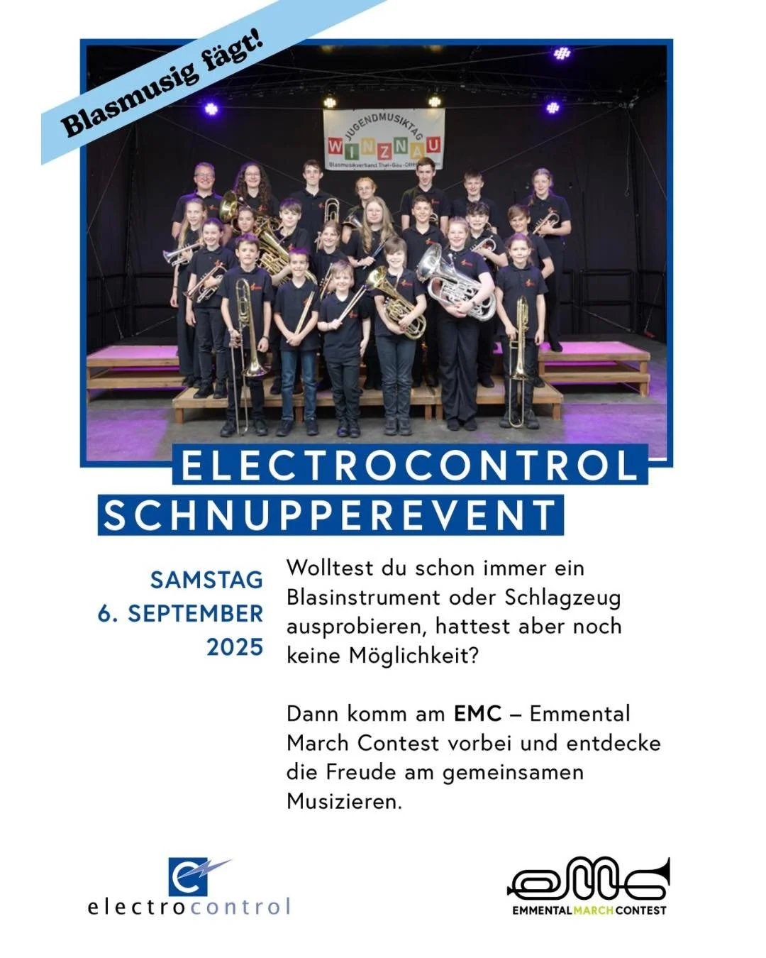 EMC - Emmental March Contest💚

Lust ein Instrument ausprobieren?

Dann komm am EMC beim @emelectrocontrolag -Schnupperevent vorbei. Unter der Leitung von Professionellen Musiklehrer der @musikschuleregionburgdorf und Mitglieder der Young Brassers Ob