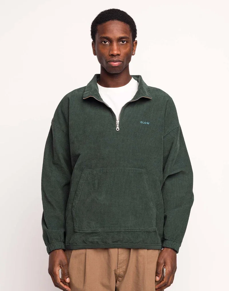 Sweat BANGOR OLOW homme vert Mèlèze en velours côtelé avec col camionneur zippé