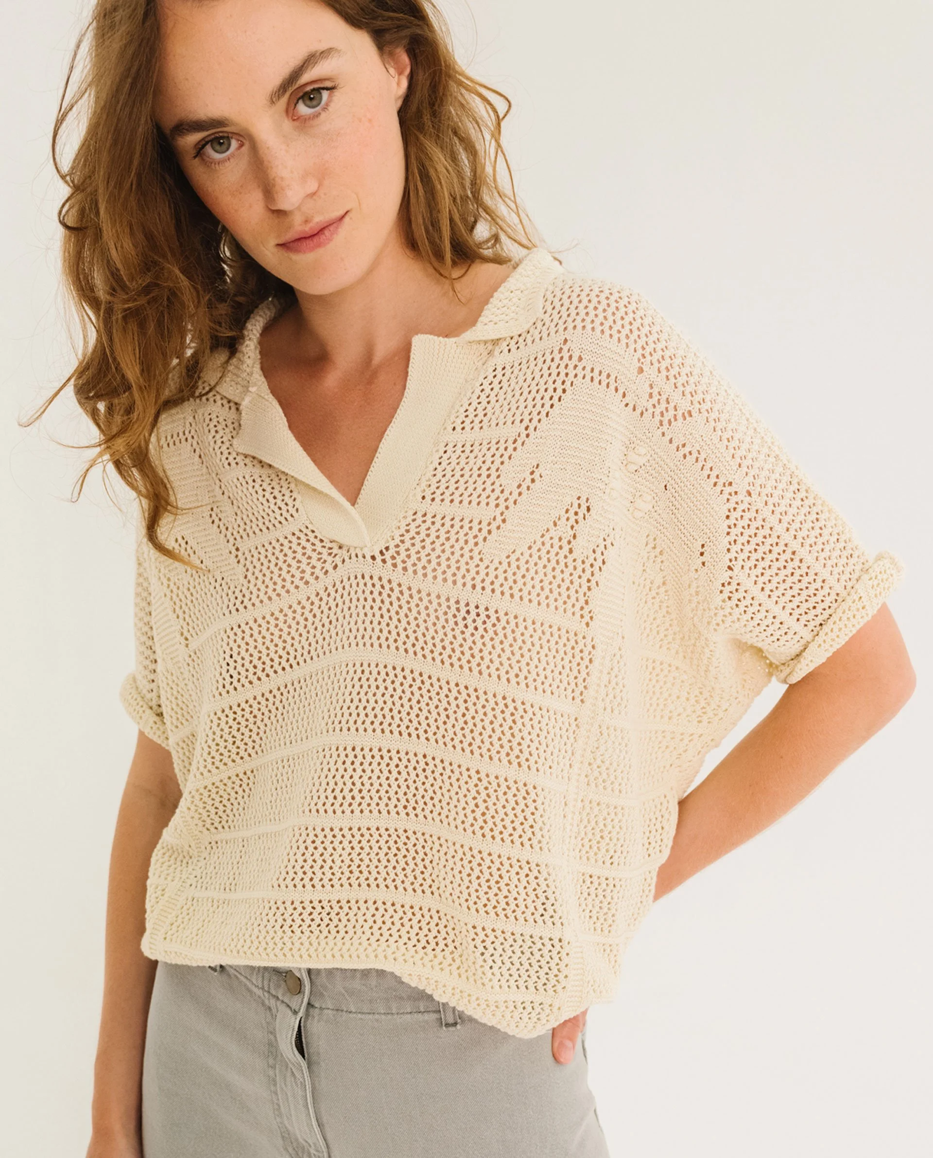 Polo Esmine Écru Tinsels – Polo crochet femme | Twins Concept Store