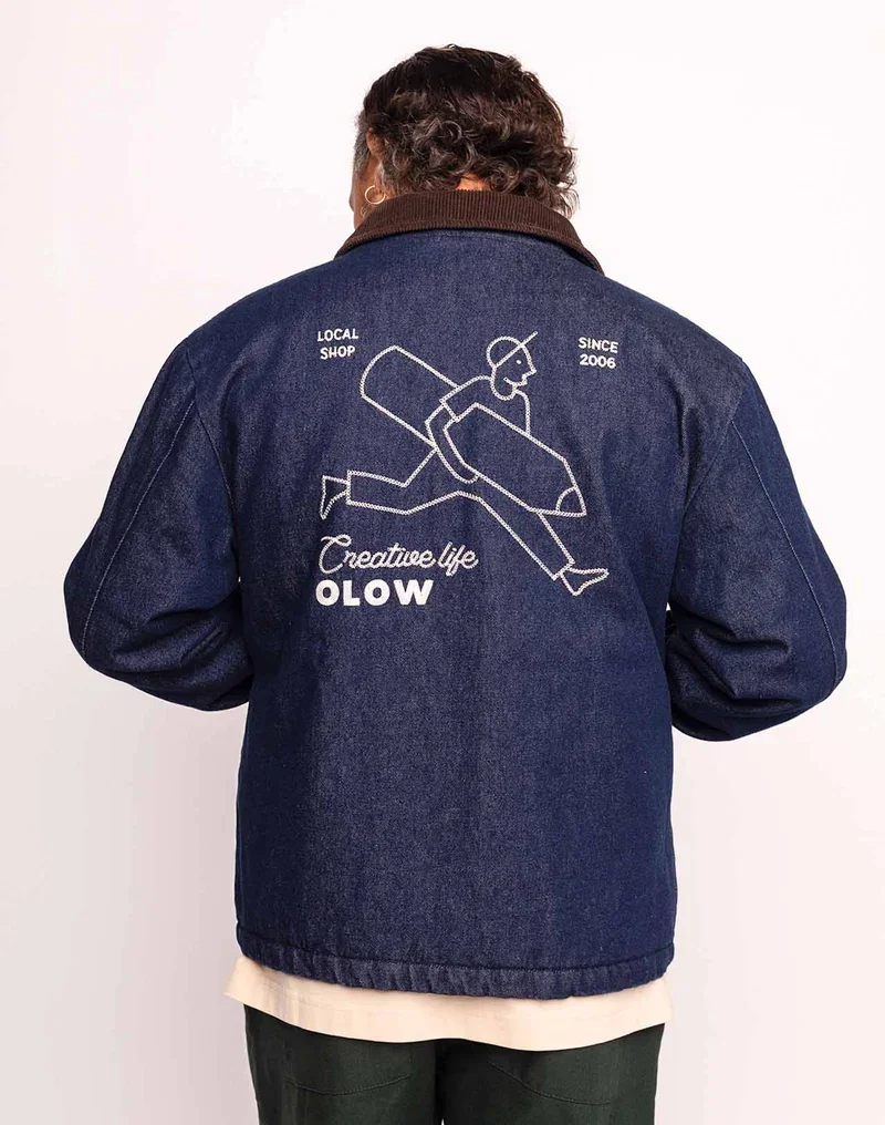 Blouson YARM OLOW homme denim bleu avec col en velours et broderie au dos