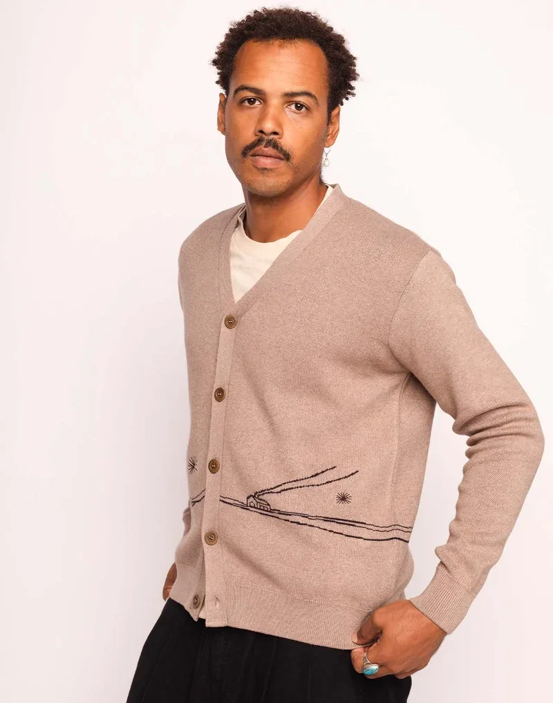 Cardigan PAYSAC OLOW homme taupe à motif jacquard et broderie Rister