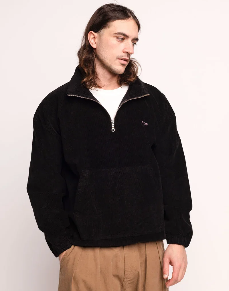 Sweat BANGOR OLOW homme noir en velours côtelé avec col camionneur zippé