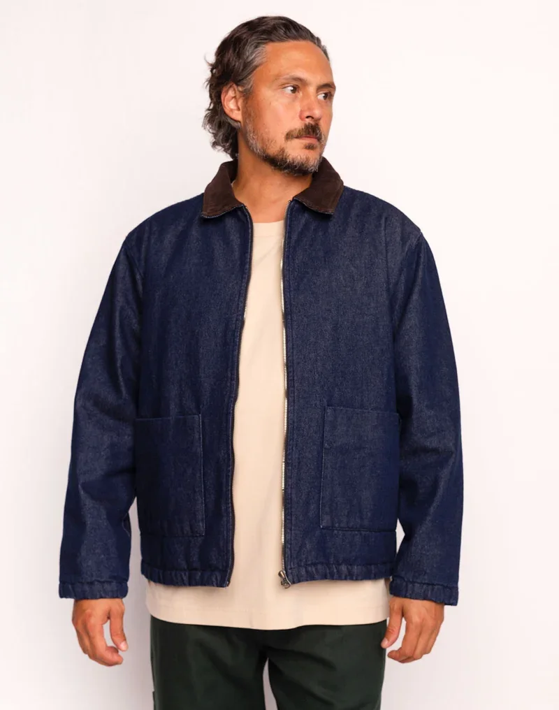 Blouson YARM OLOW homme denim bleu avec col en velours et broderie au dos
