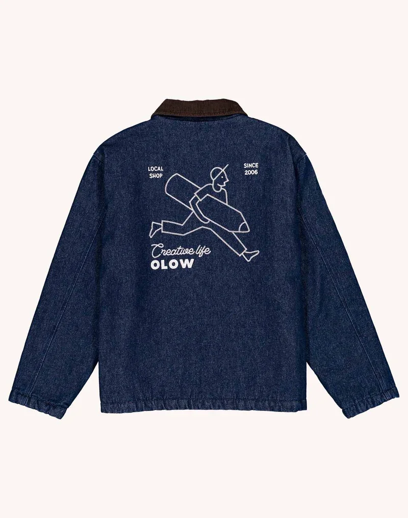 Blouson YARM OLOW homme denim bleu avec col en velours et broderie au dos
