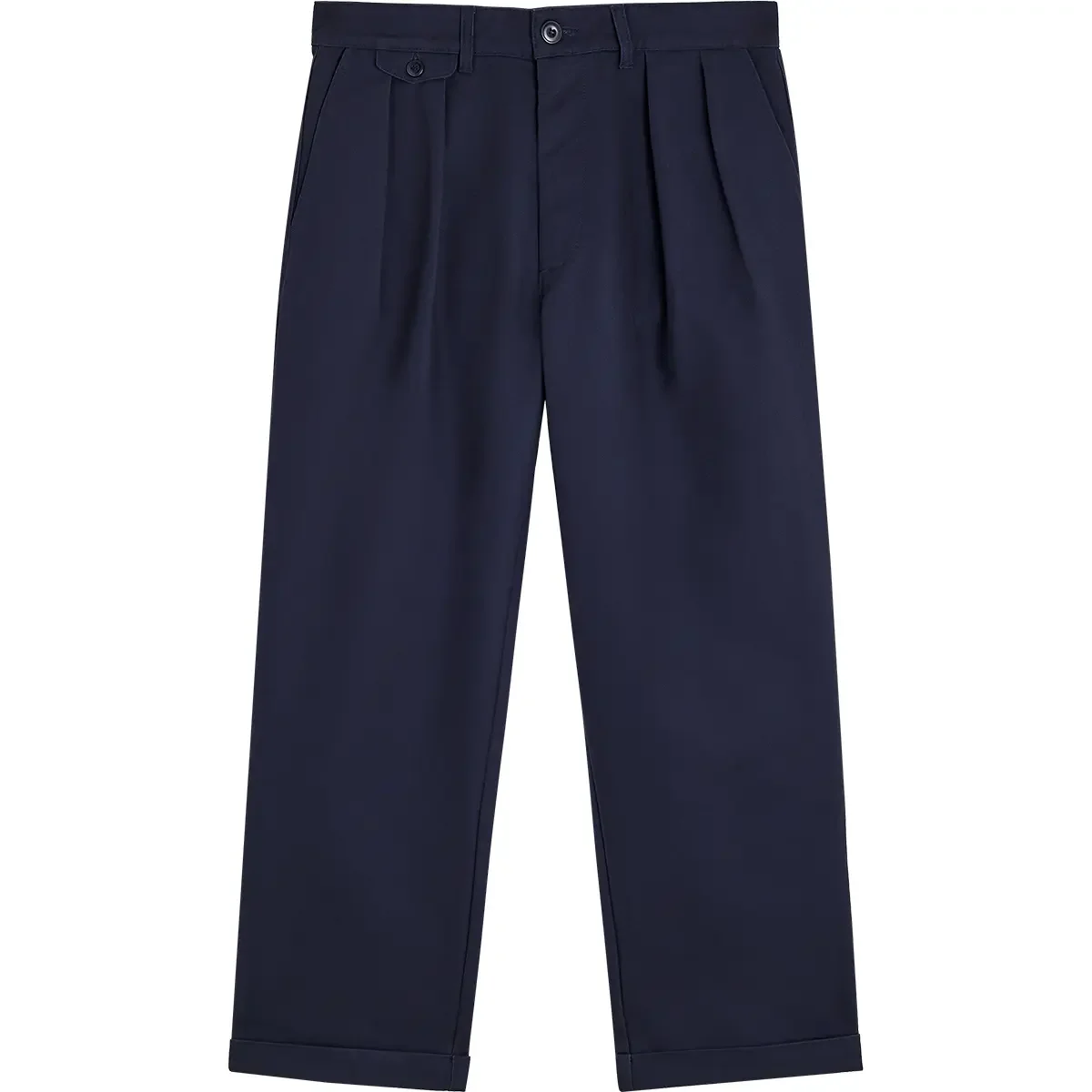 Pantalon homme Izaro Navy Bask in the Sun bleu marine en coton, coupe ample, jambe large et doubles pinces à la ceinture.