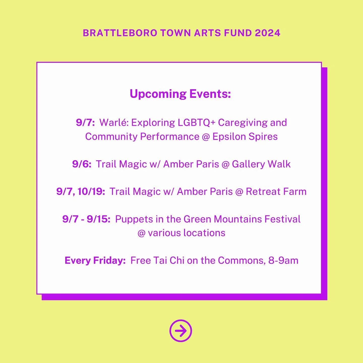 Check out upcoming performances and creative activities presented by this year&rsquo;s TAF grantees!

9/7: Warl&eacute;: Exploring LGBTQ+ Caregiving and Community Performance @ Epsilon Spires

9/6: Trail Magic w/ Amber Paris @ Gallery Walk

9/7, 10/1