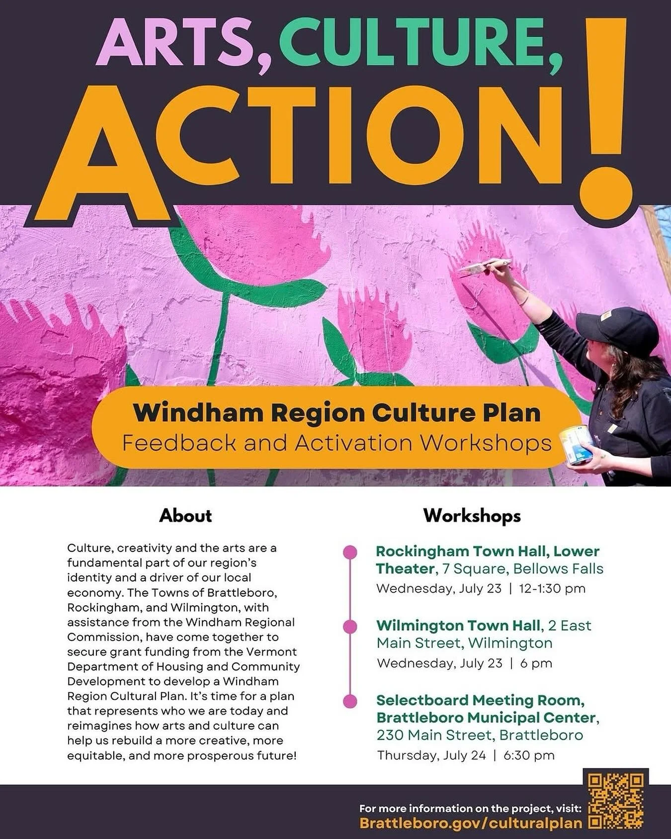 Attend an upcoming workshop in Bellows Falls, Wilmington, or Brattleboro to learn more about the draft Windham Region Cultural Plan!
 
Culture, creativity and the arts are a fundamental part of our region&rsquo;s identity and a driver of our local ec