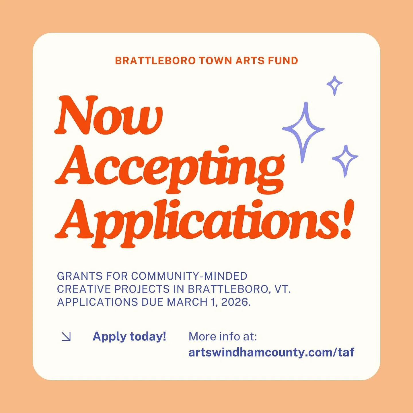 📢 Now accepting applications for the 2026 Brattleboro Town Arts Fund program!

The Town Arts Fund (TAF) program offers grants of between $1,000 and $3,000 for community-focused creative projects in Brattleboro, VT.&nbsp;Applications are due by March