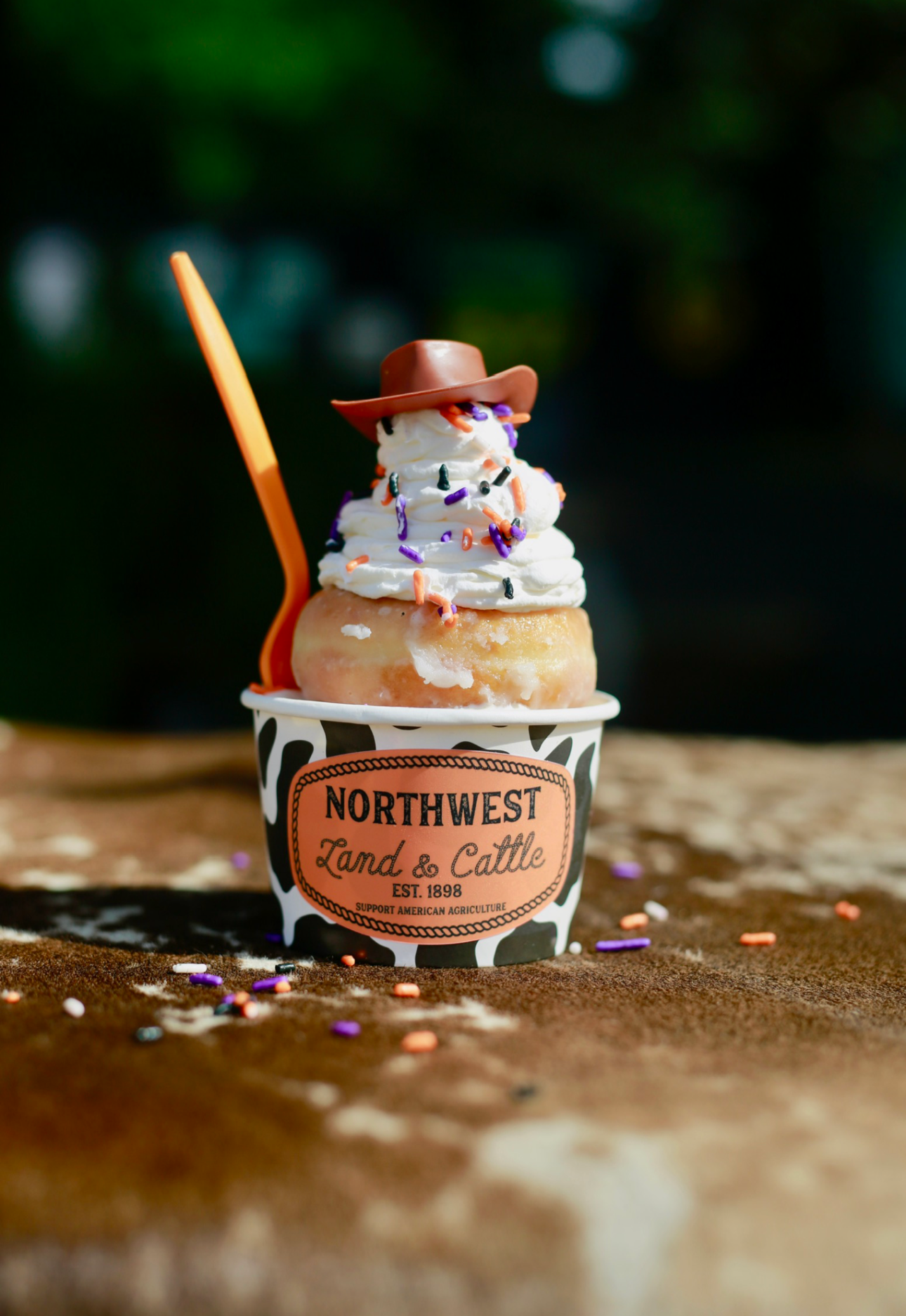 The Rancher Sundae!
2 scoops of salted caramel ice cream topped with a warm doughnut and whipped cream, and a mini cowboy hat $9