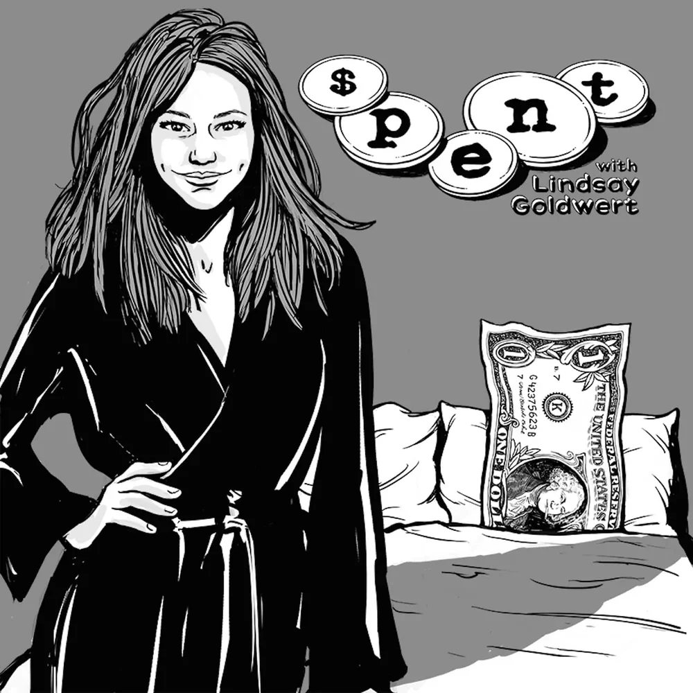 A woman with long hair standing next to a bed with a large dollar bill as a pillow. The wall behind features a cartoon-style title 'Spent with Lindsay Goldwert' with coins spelling out 'spent'.