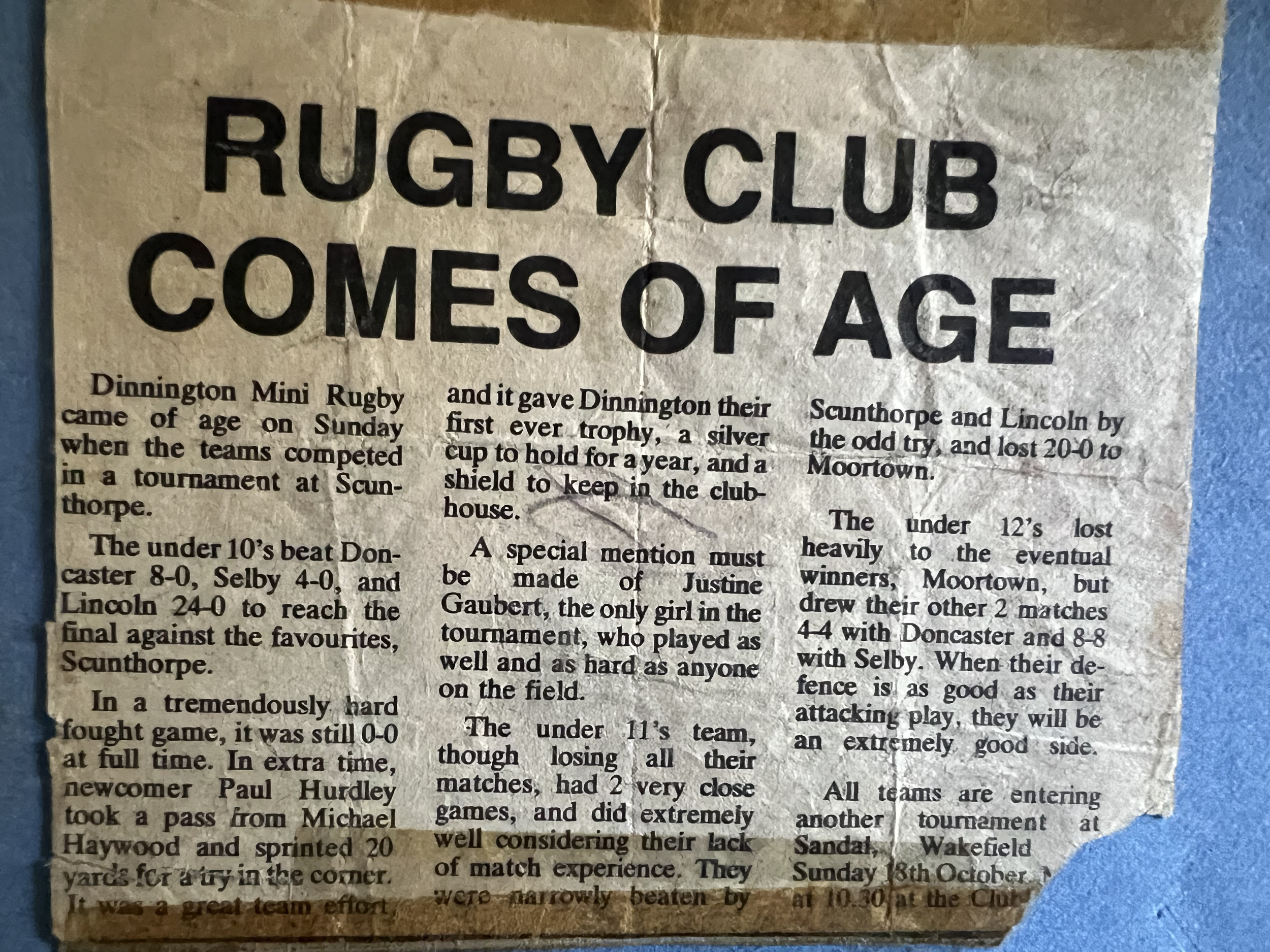 First woman to play Rugby Justine Gaubert Dinnington 1979 Scunthorpe tournament.png
