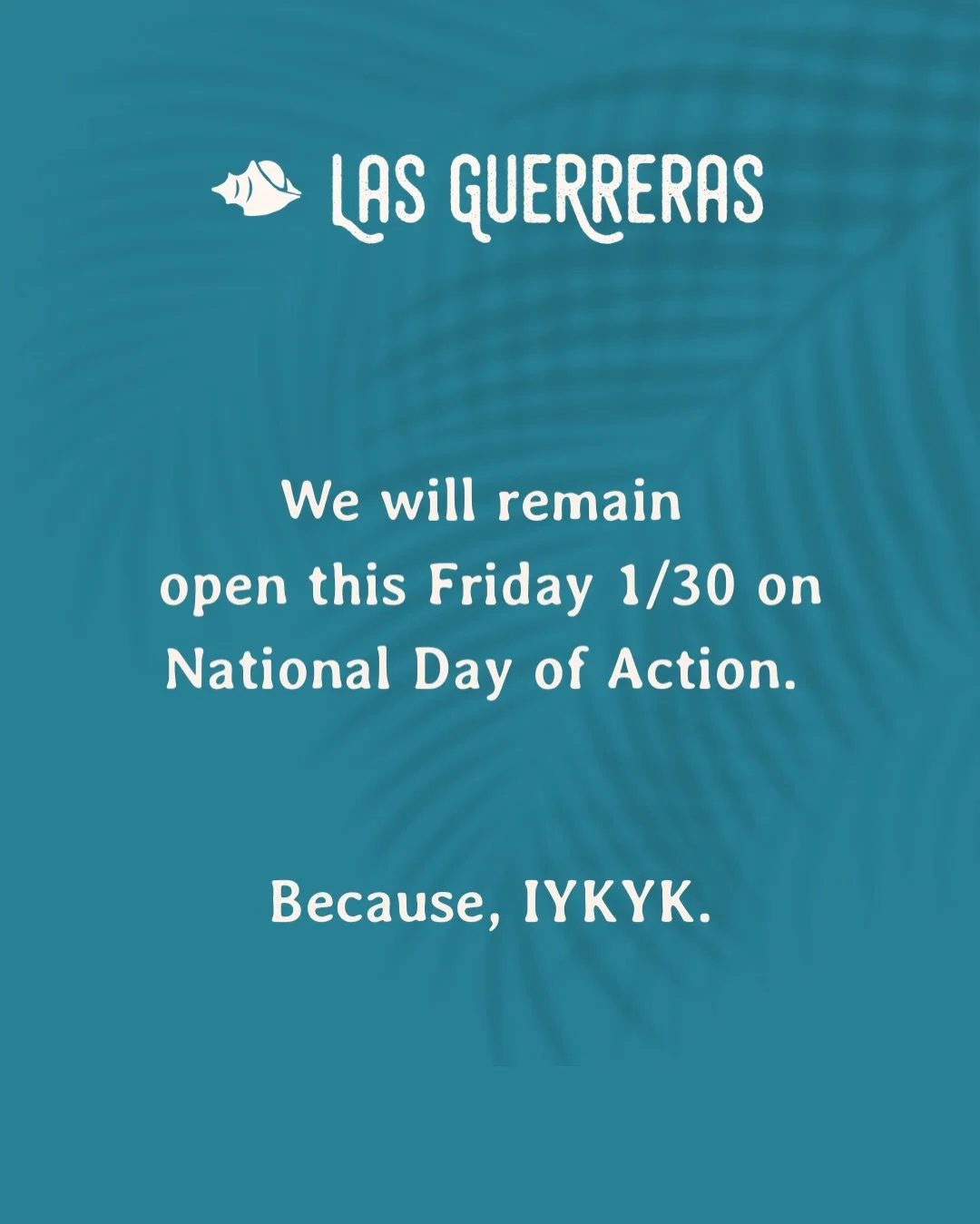 January 30 is a nationwide one-day strike, if you&rsquo;re able, we encourage you to show up for your community:

📍 SE: Dolores Park &mdash; 1 PM
📍 Oakland: Fruitvale Plaza &mdash; 2 PM

However you choose to move through this moment, know this: We