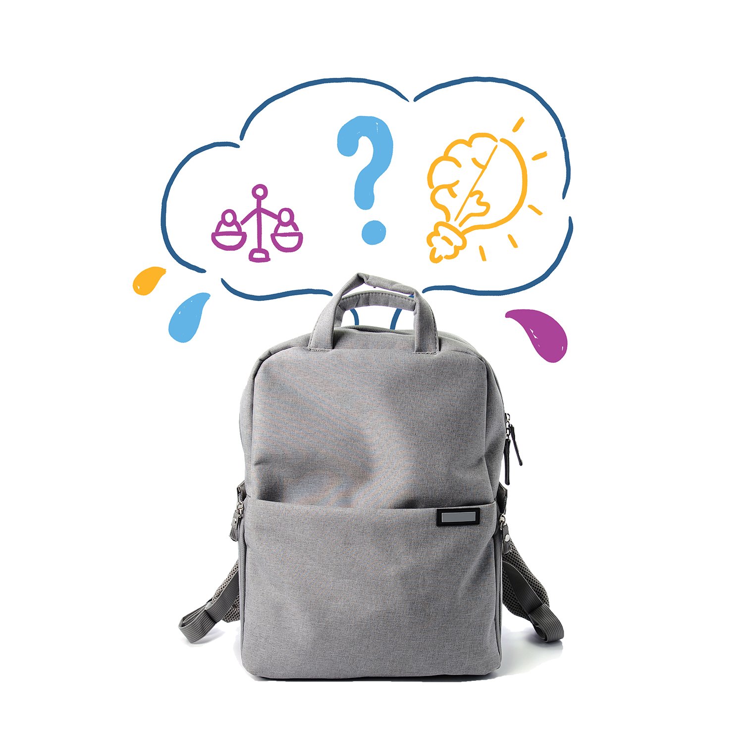 Picture of a gray backpack with sketched symbols of a scale, question mark, and lightbulb coming out of the top.
