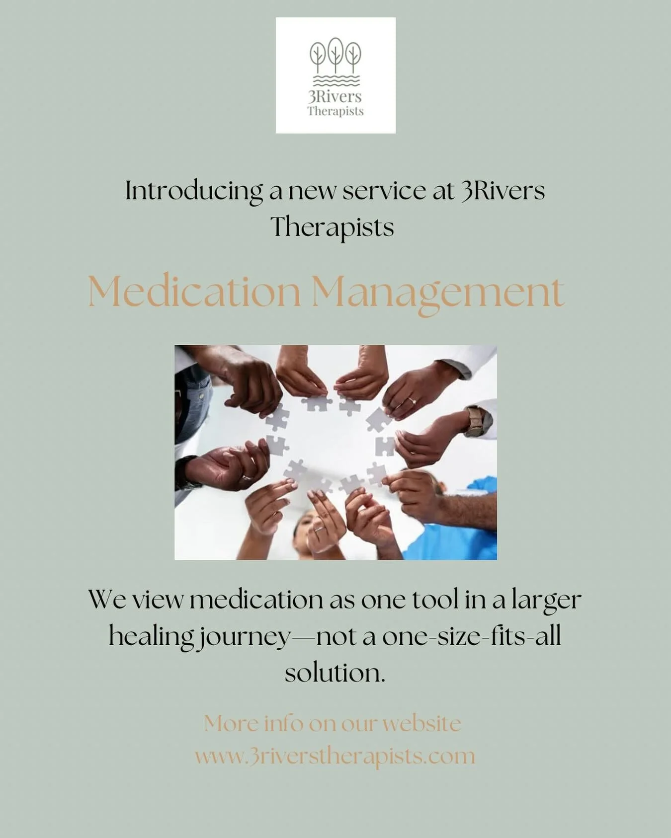 A quick practice update ✨
3Rivers Therapists is now offering medication management, expanding the ways we support clients alongside therapy.

Because care works best when it&rsquo;s thoughtful, collaborative and client -centered.
