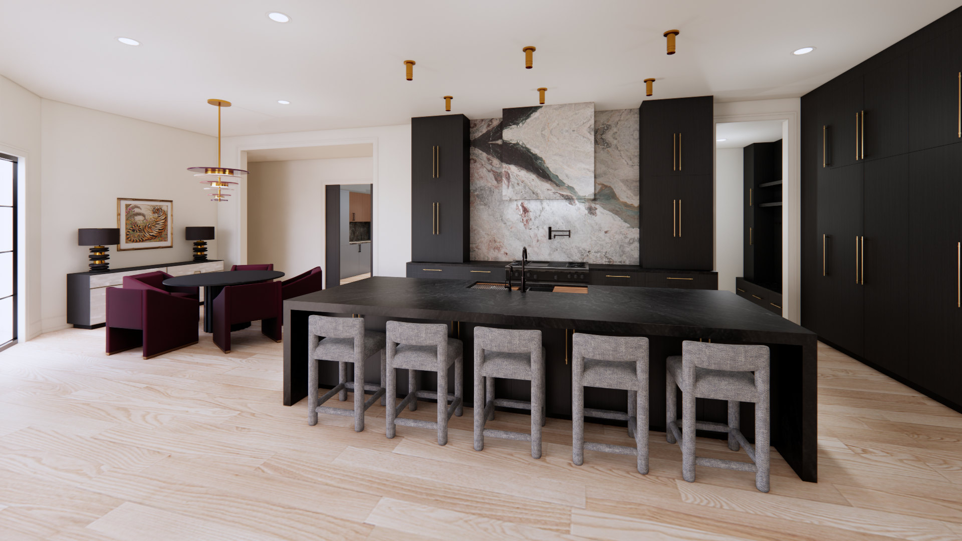 Modern kitchen with a large black island, gray bar stools, black cabinets, a marble backsplash, and a dining area with purple chairs and black table.