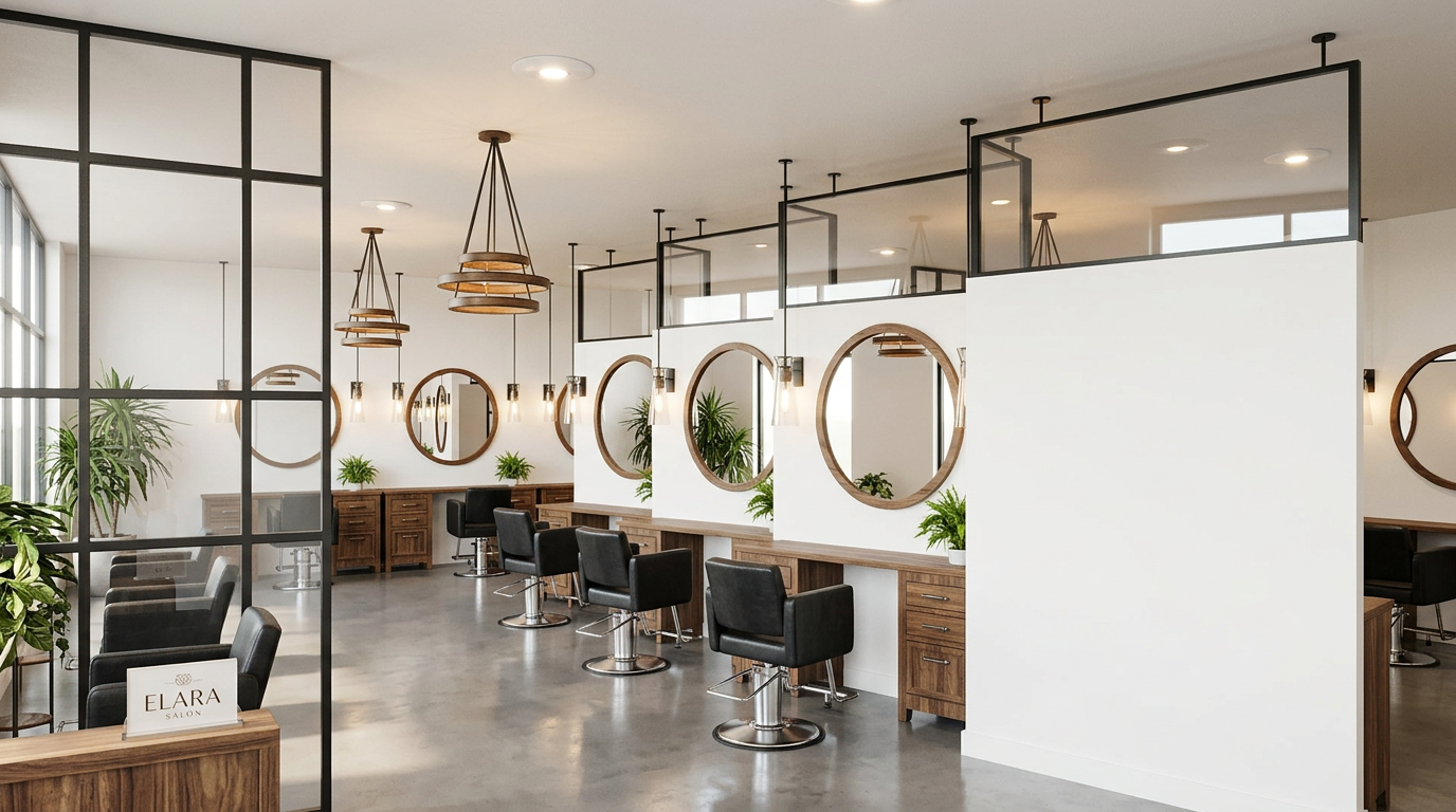 Interior of a modern hair salon with black chairs at wooden styling stations, round mirrors on the white walls, hanging pendant lights, and green plants for decor.