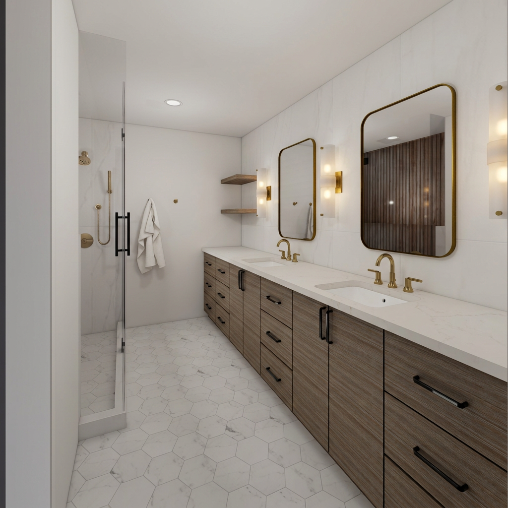 Modern bathroom with double vanity, two rectangular mirrors with gold frames, wood cabinets, white hexagon tile floor, glass shower with black handle, wall-mounted light fixtures, wooden shelves, and a towel hanging on the wall.