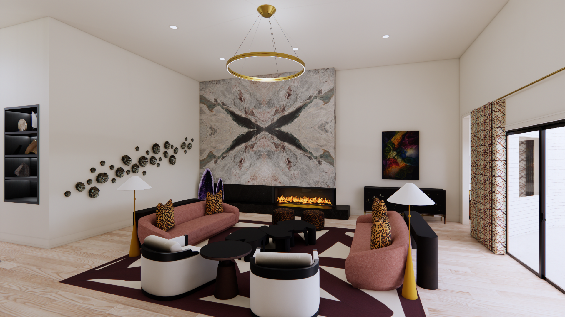 Modern living room with a white wall, colorful abstract artwork, pink sofas with leopard print pillows, black and white accent tables, a fireplace, and decorative wall art. There is a circular gold chandelier hanging from the white ceiling, and large