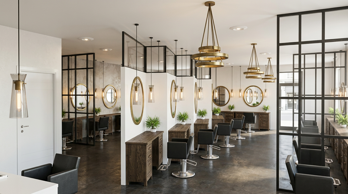 Modern hair salon interior with styling stations, black chairs, mirrors with gold frames, decorative plants, and black metal partition panels.