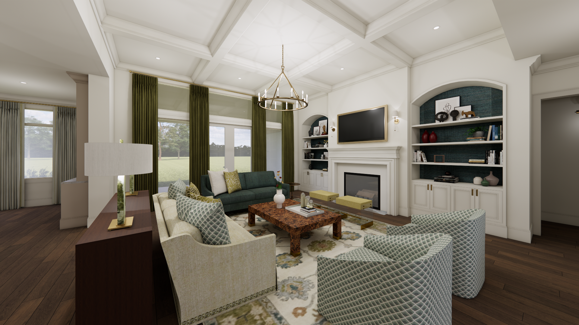 A spacious living room with a high, coffered white ceiling, large windows with dark green curtains, and hardwood floors. There is a fireplace with a mounted TV above it, white built-in shelves on either side, a dark green sofa, patterned armchairs, a