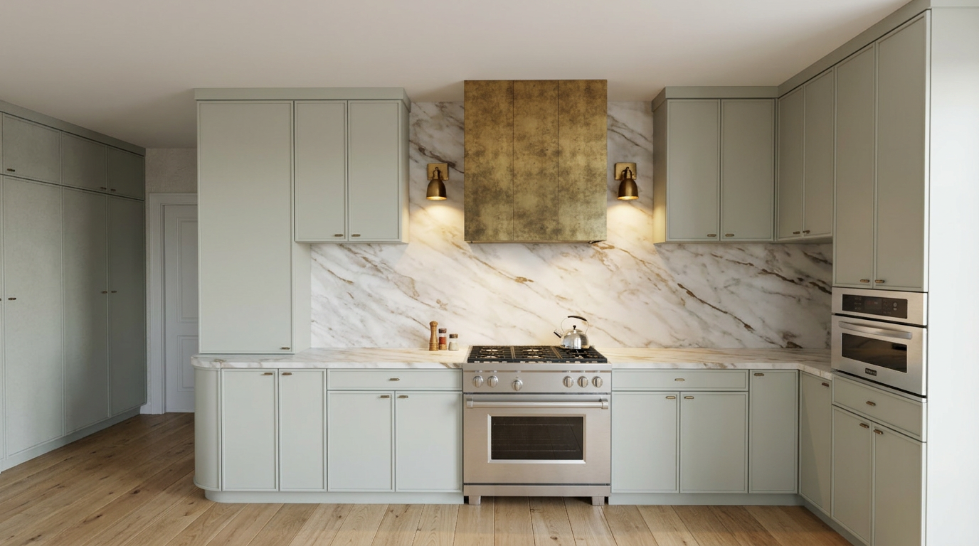 Modern kitchen with light green cabinets, marble backsplash, stainless steel oven, and gold accents, with hardwood floors.
