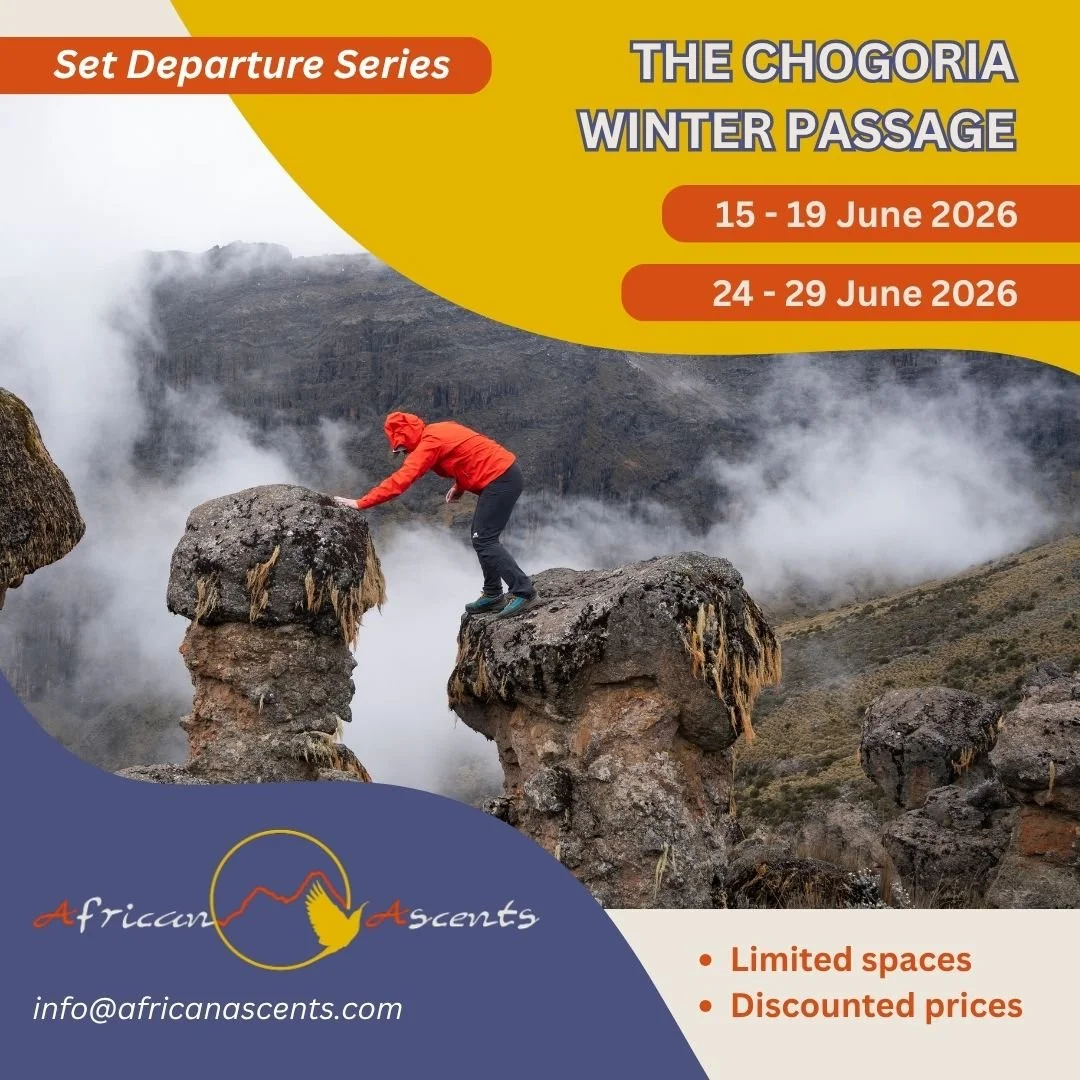 ❄ Winter is coming and we're here for it! ❄

June 2026 sees two set departures heading up the Chogoria Route - a 5 day option from 15 to 19 of June and a 6 day option from 24 to 29 June. 

Trek with us from the Chogoria Gate through other worldly lan
