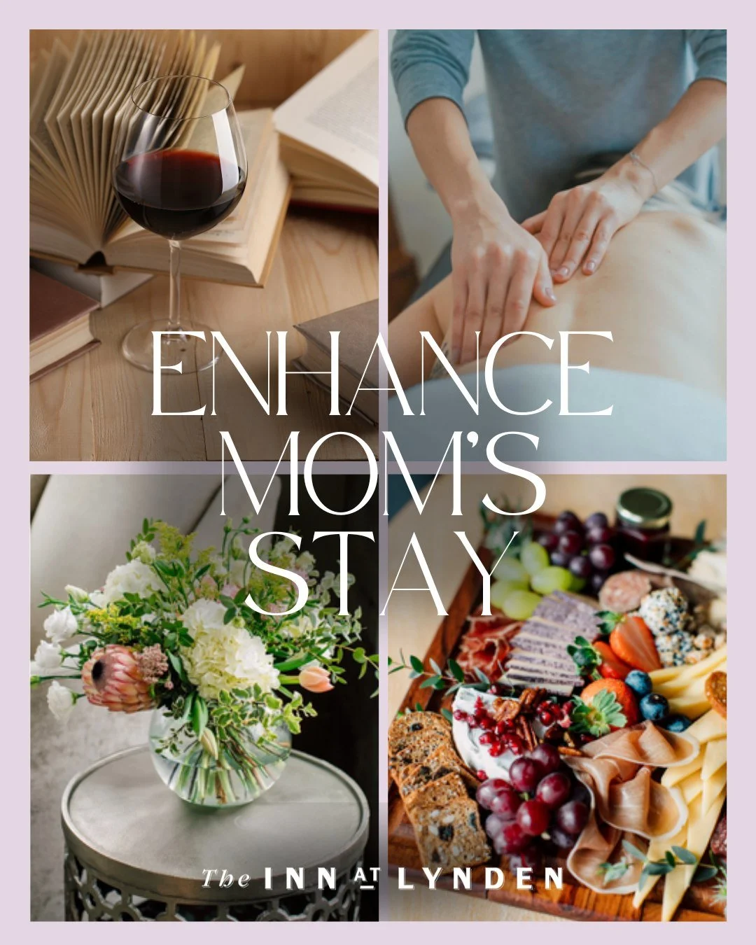 Have a Happy Mothers Stay

This year, treat her to a getaway at the Inn and make it extra special with a few thoughtful touches. From a beautifully curated charcuterie board to fresh flowers waiting in the room, a glass of wine, or even a relaxing ma