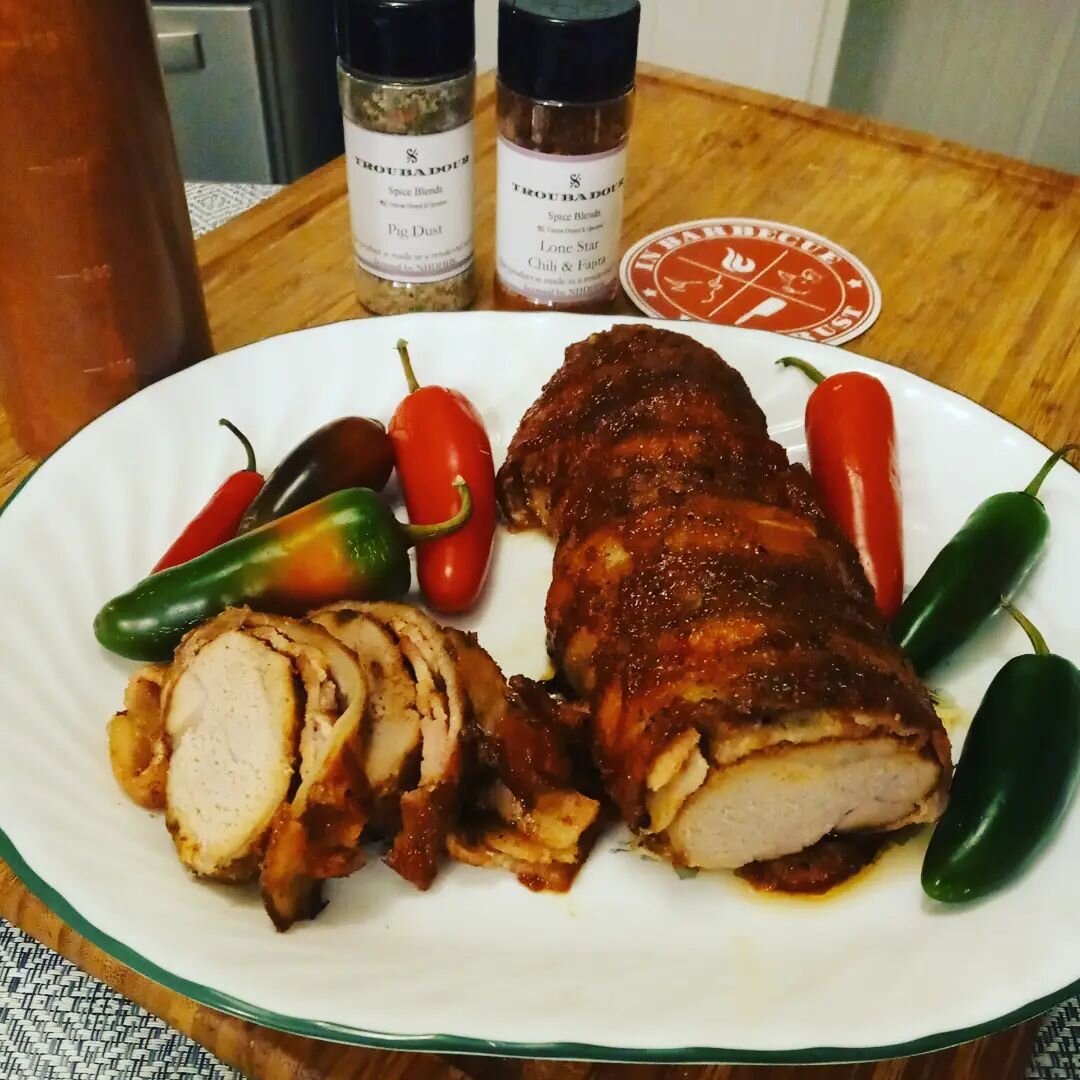 Bacon wrapped pork loin marinated overnight with TSB Lone Star Chili &amp; Fajita seasoning, sprinkled with Pig Dust, and finished off with BBQ sauce courtesy of @inbarbecuewetrust ! Cook in oven at 275 degrees for about. 1.5 hours....enjoy! #troubad