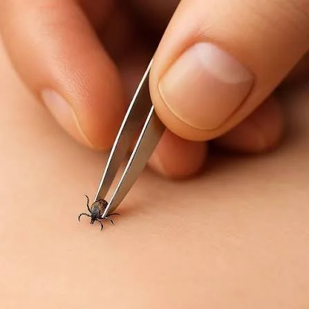 A close-up showing the proper technique of using fine-tipped tweezers to safely remove a tick from a person's skin.
