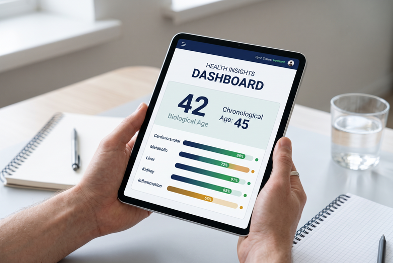 A close-up of a biological age testing kit and a smartphone showing health dashboard metrics.