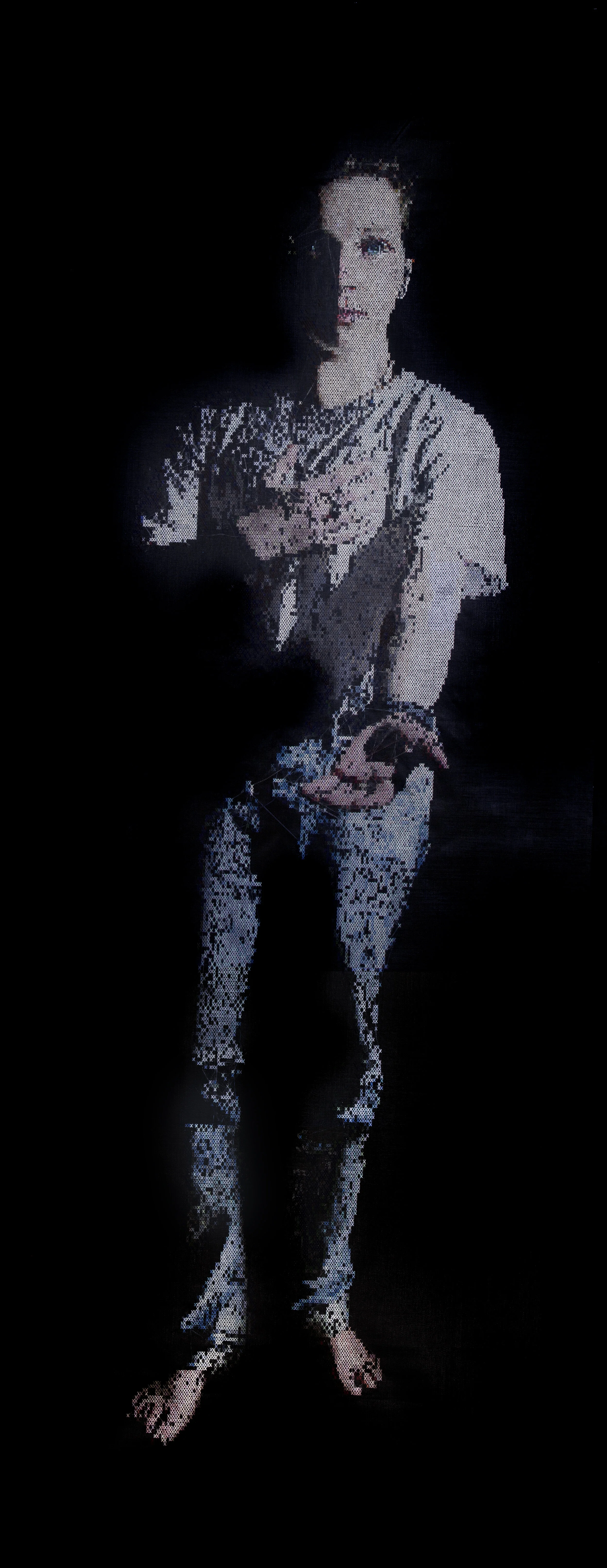  A piece that is meant to hang and be viewed from two sides. A pose referencing Jesus images inviting people to enter, the viewer looks up at the piece as the image is 14 feet high on 18 feet of screen.  