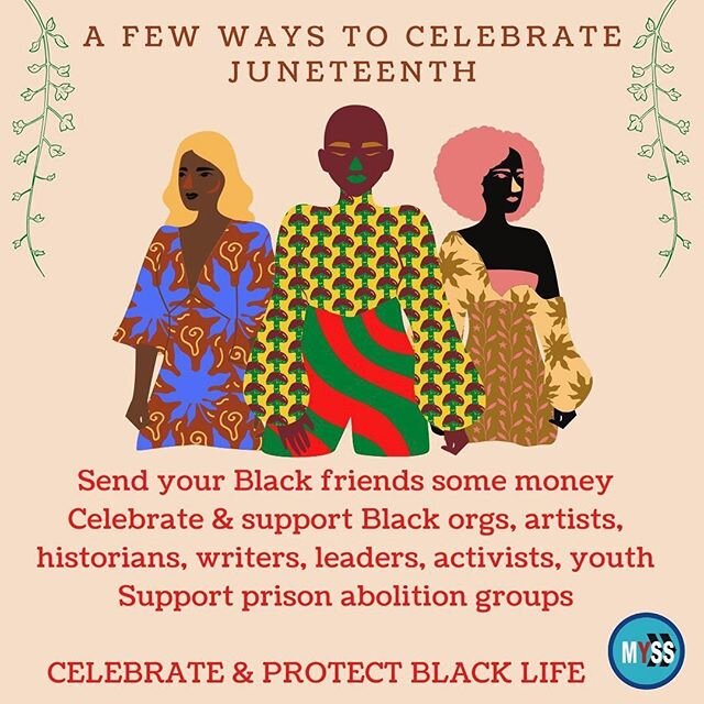 Celebrating Juneteenth is one way to continually chip away at white supremacy while simultaneously celebrating Black life. Take some time to teach your friends &amp; family about the significance of this day utilizing resources from Black folks. Hono