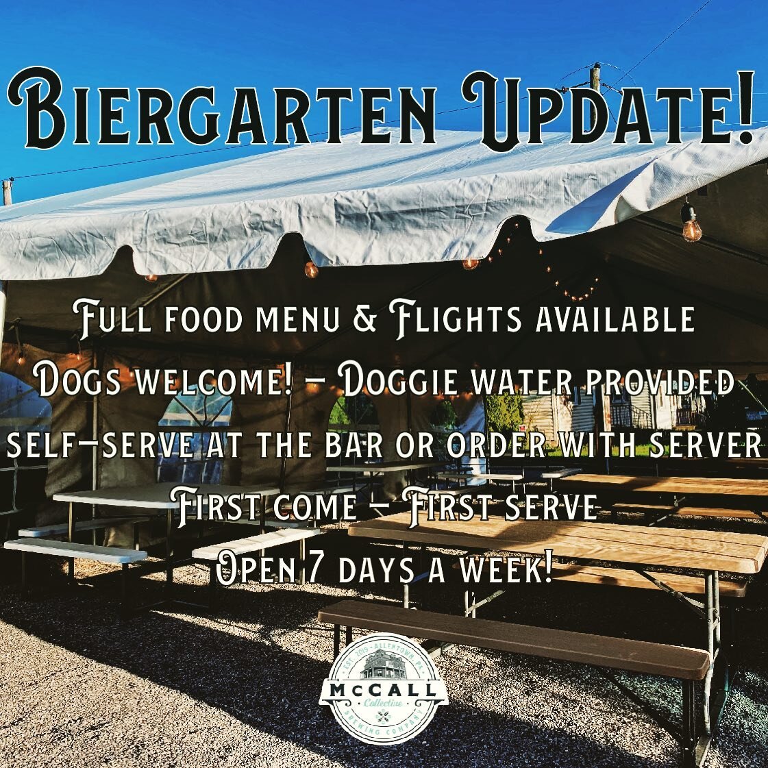 Summer is officially here! Well technically not for another few days but we wanted to inform everyone of some exciting news.

The Biergarten is now open with our full food menu. We&rsquo;ve also added some doggie water bowls and the ability to do sel