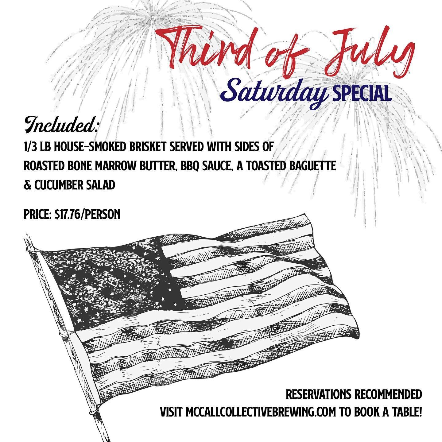 4th of July Weekend SPECIAL! Saturday July 3rd 🇺🇸

1/3 LB House-Smoked Brisket Served with sides of Roasted Bone Marrow Butter, BBG Sauce, a Toasted Baguette, and Cucumber Salad.

$17.76 per person 🇺🇸

Reservations Encouraged but NOT REQUIRED
via