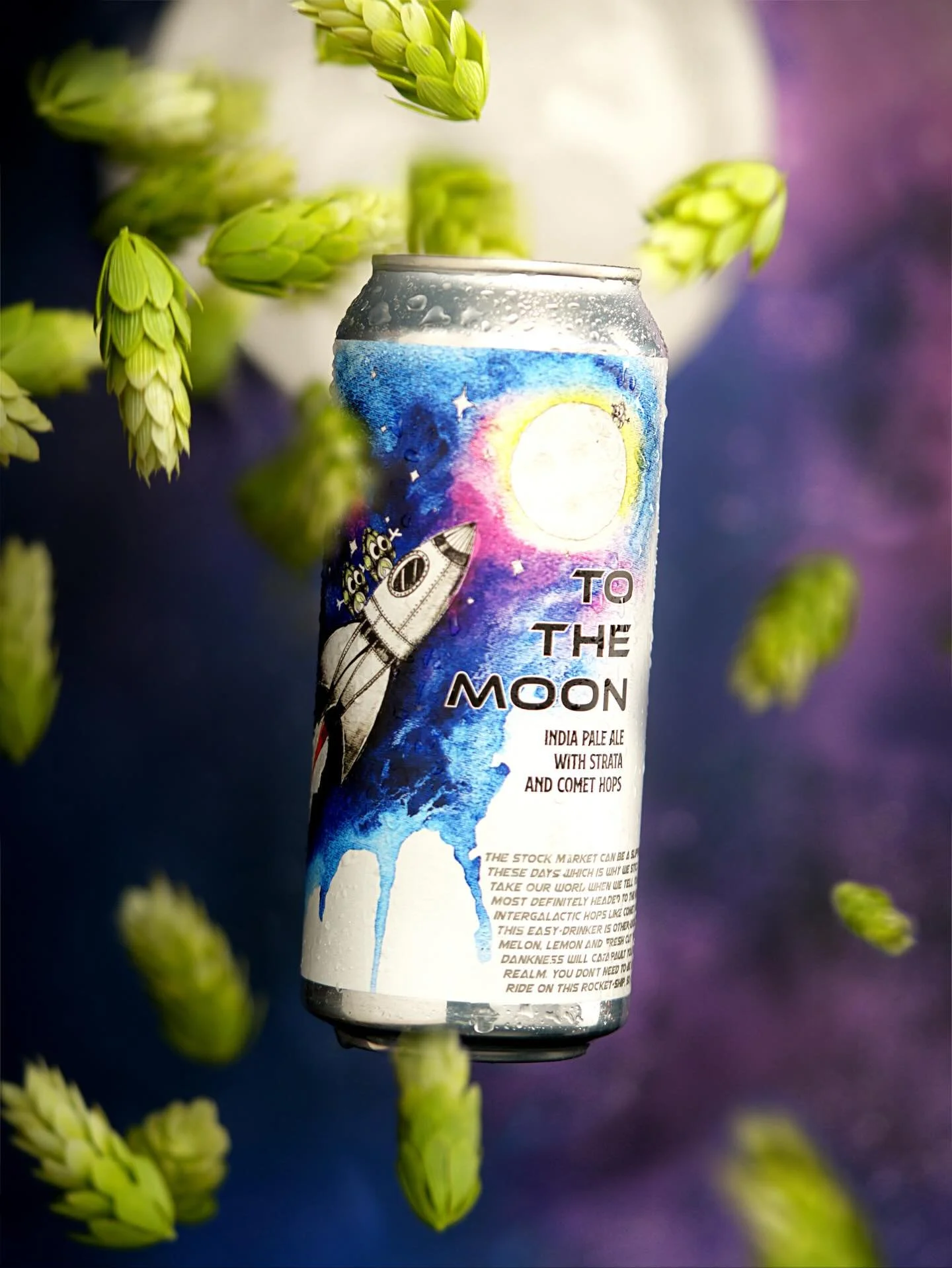 &hellip;To the Moon!
6% ABV
The little hop guys are always on crazy adventures - flying to outer space is one of the most &ldquo;out there&rdquo;! 

This spacey hazy New England style India Pale Ale is brewed with Strata and Comet hops and is loaded 