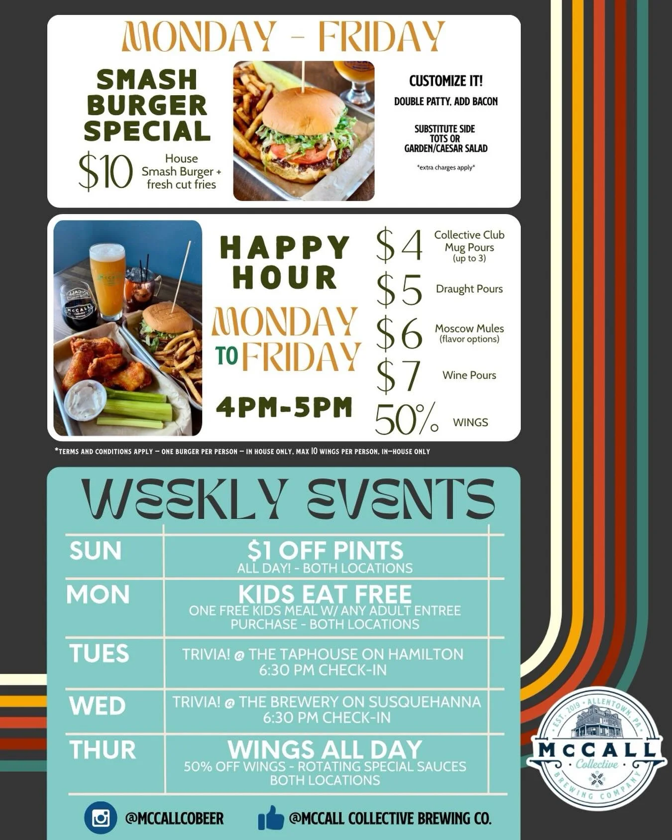 ⏩️ Back to our regularly scheduled programming ⏩️

Here&rsquo;s an updated breakdown of our weekly specials and events we have at both spots! 
Both locations open 7 days a week at noon - lunch &amp; dinner. 
Come hang with us!