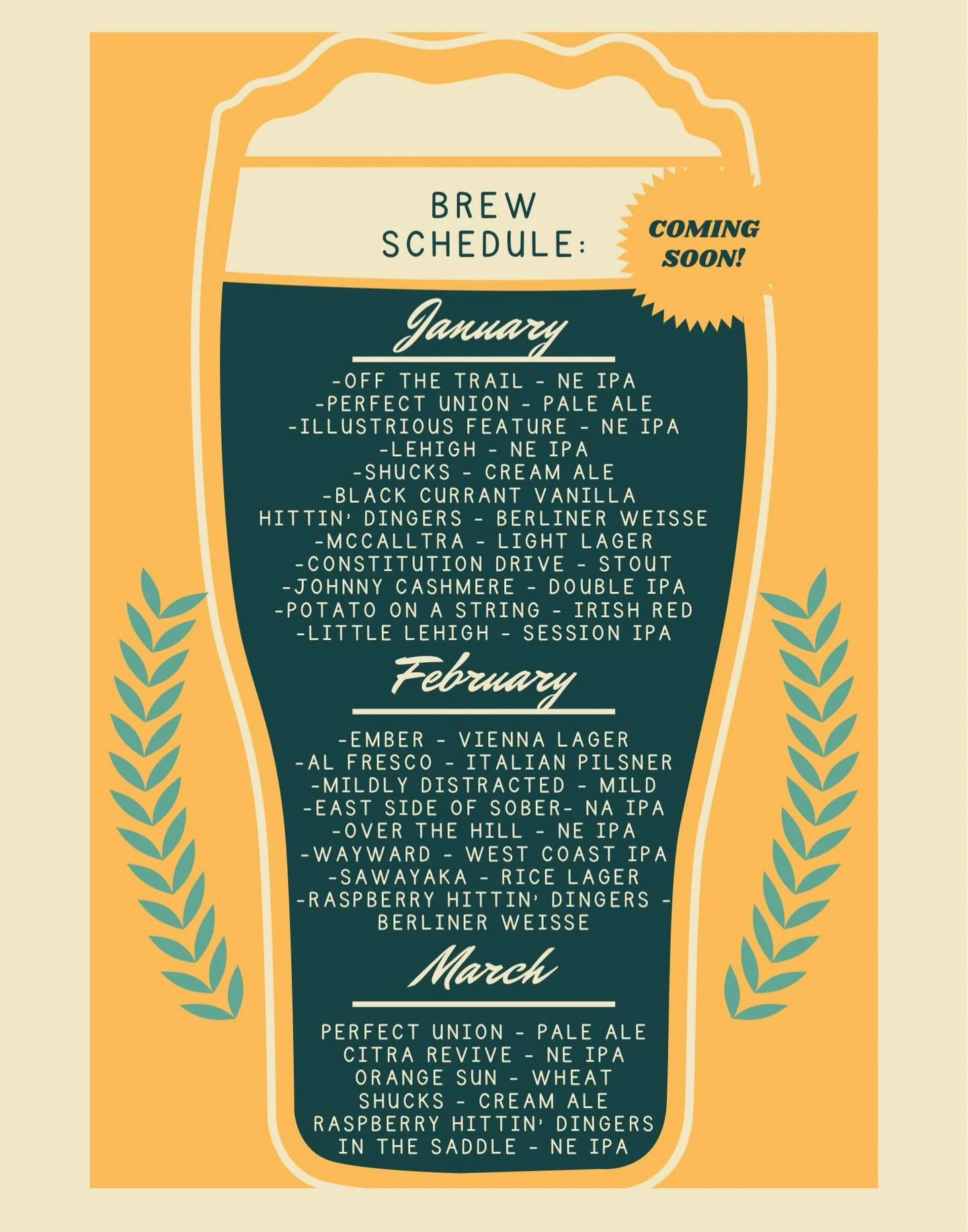 Ayyyyyo! Starting the year off with a BANG!
Check out our upcoming brew schedule.
We have some flagships, old favorites, seasonal staples (looking at you, Potato on a String..) and some popular re-brews.
Is your fav on here?!