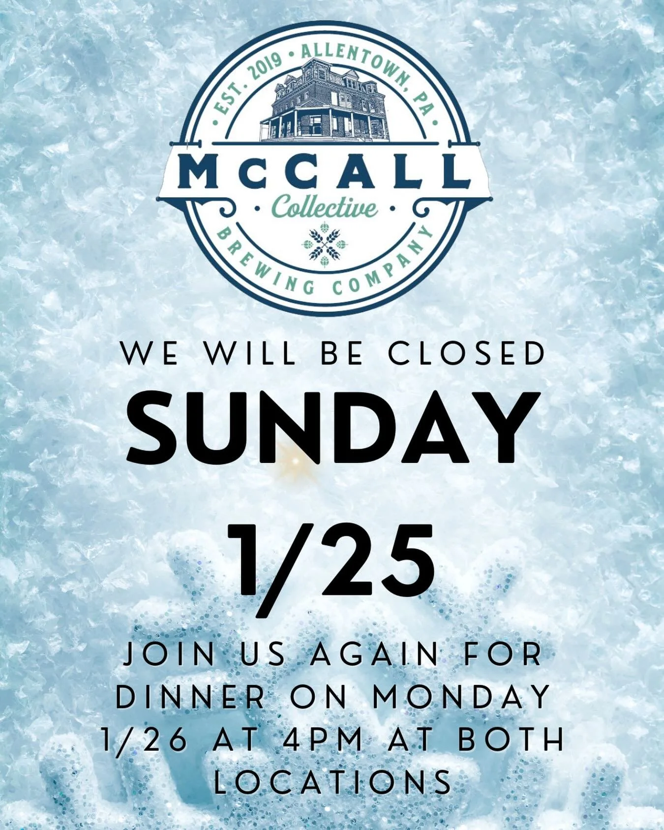 Hey folks!
To keep our patrons and staff safe, both locations will be closed tomorrow. 
Hunker down, get cozy, enjoy the snow.
We&rsquo;ll see you Monday @ 4pm
❄️🍻