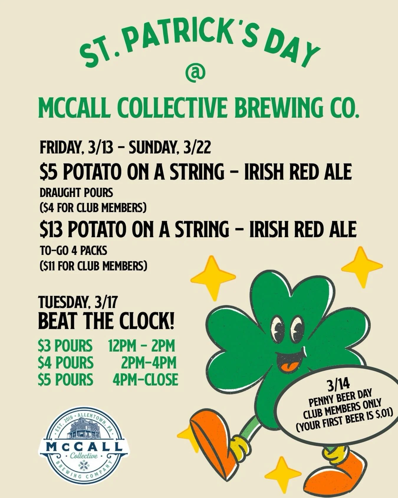 The Irish drinking holiday we all know and love is fast approaching and we have a lineup of fun things going on for it! 
Starting Friday, specials on our Irish Red Ale - Potato on a String 🍻 all week long!
St. Paddy&rsquo;s on a Tuesday wont slow us