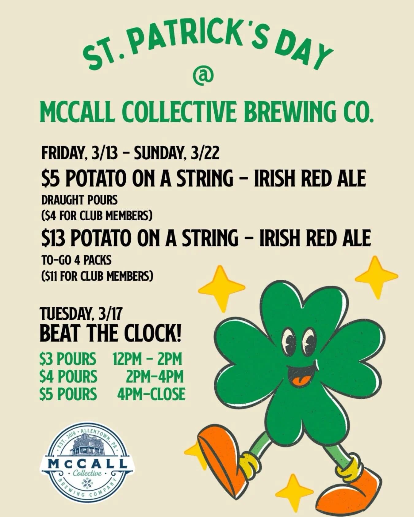 🍺 🍀BEAT THE CLOCK 🍀 🍺 
Today! BOTH spots!

$3 POURS 12-2PM
$4 POURS 2-4PM
$5 POURS 4PM - close

$13 Potato on a String Irish Red Ale in 4pks to-go!!!

Happy St Paddy&rsquo;s Day everyone!! 
Have fun, be safe
Get an uber or DD if you need to 🫶