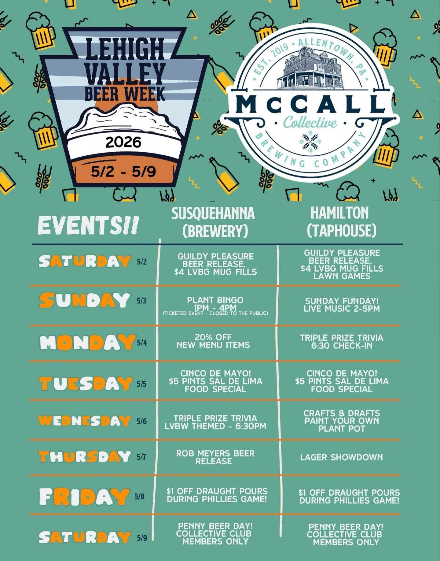 🍻BEER WEEK 2026🍻

Here&rsquo;s our full line-up of events at both spots - mark your calendars and come hang. 
Keep an eye out for more details and event pages on Facebook! 

*please note Plant Bingo at Susquehanna is a ticketed event and we will ot