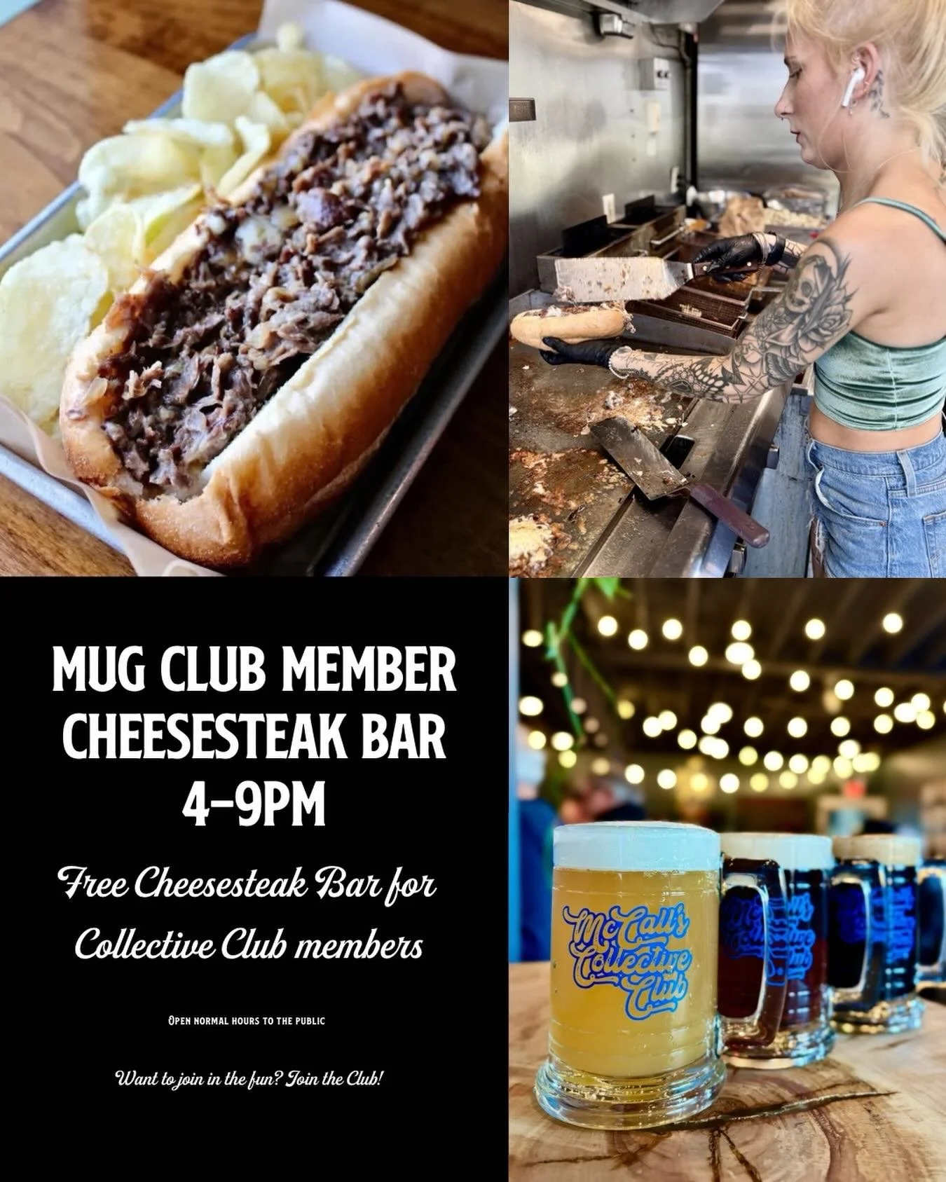 Tomorrow! @ the Taphouse on Hamilton 
6/4 4-9pm - Free Cheesesteak Bar for Collective Club members! 

Come on in, Happy Hour is still 4pm-5pm, grab a cheesesteak, hang out!

We are still open to the public - so no worries if you&rsquo;re not a member